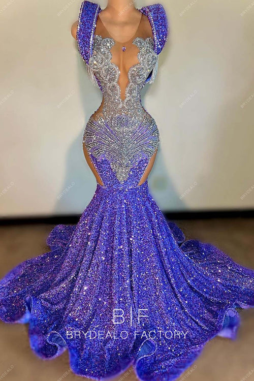 Purple Sequins Sleeveless Mermaid Rhinestones Prom Dress