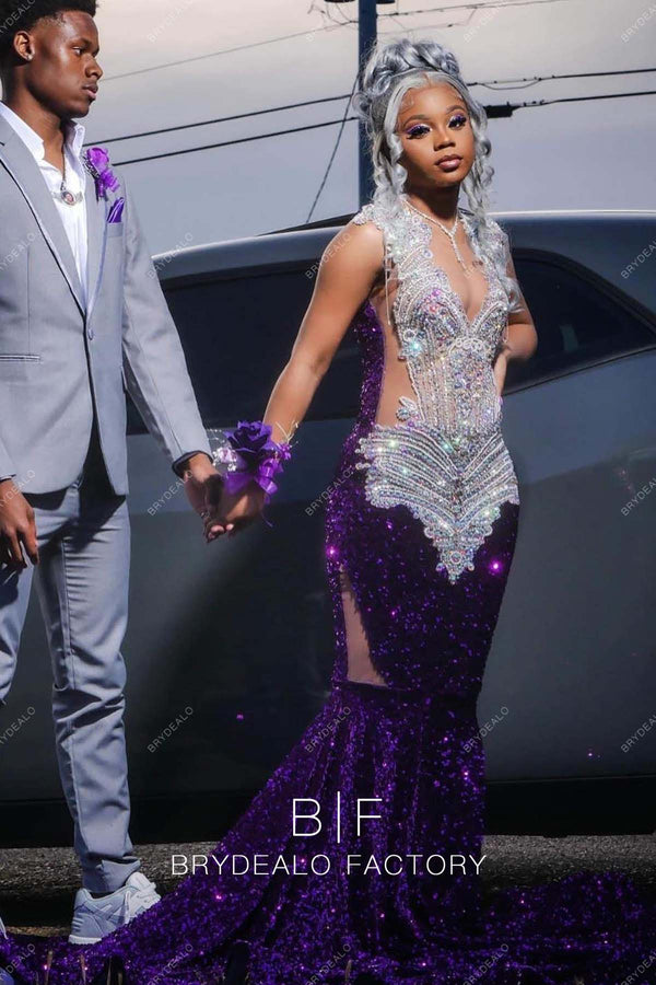 Sparkly Purple Sequin Mermaid Rhinestone Plunging Neck Prom Dress