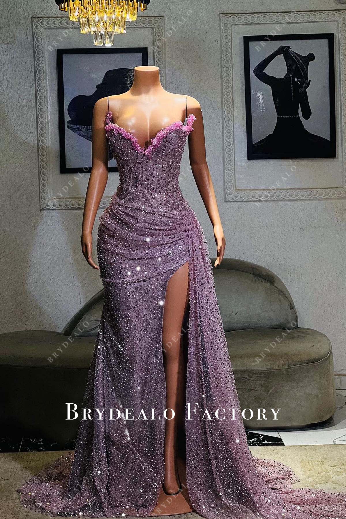 purple strapless sparkly prom gown