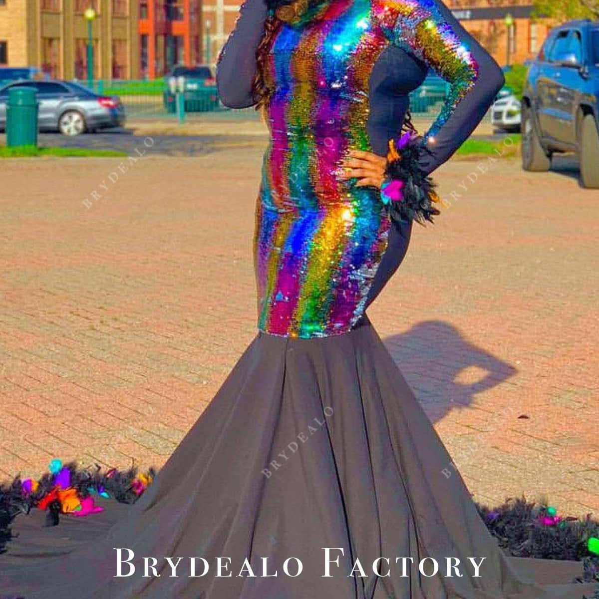 Plus Size Multicolored Feathrer Long Sleeve Trumpet Prom Dress