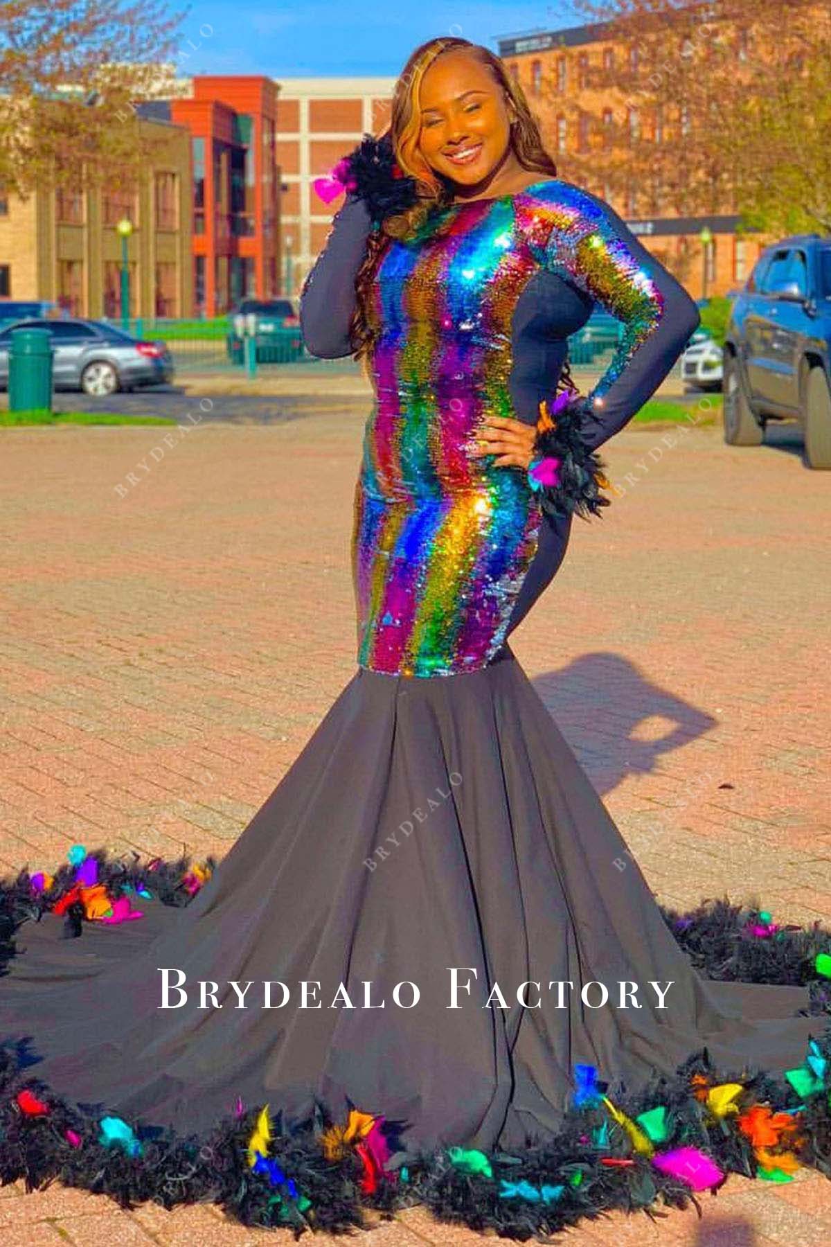 rainbow plus size feathered trumpet prom dress