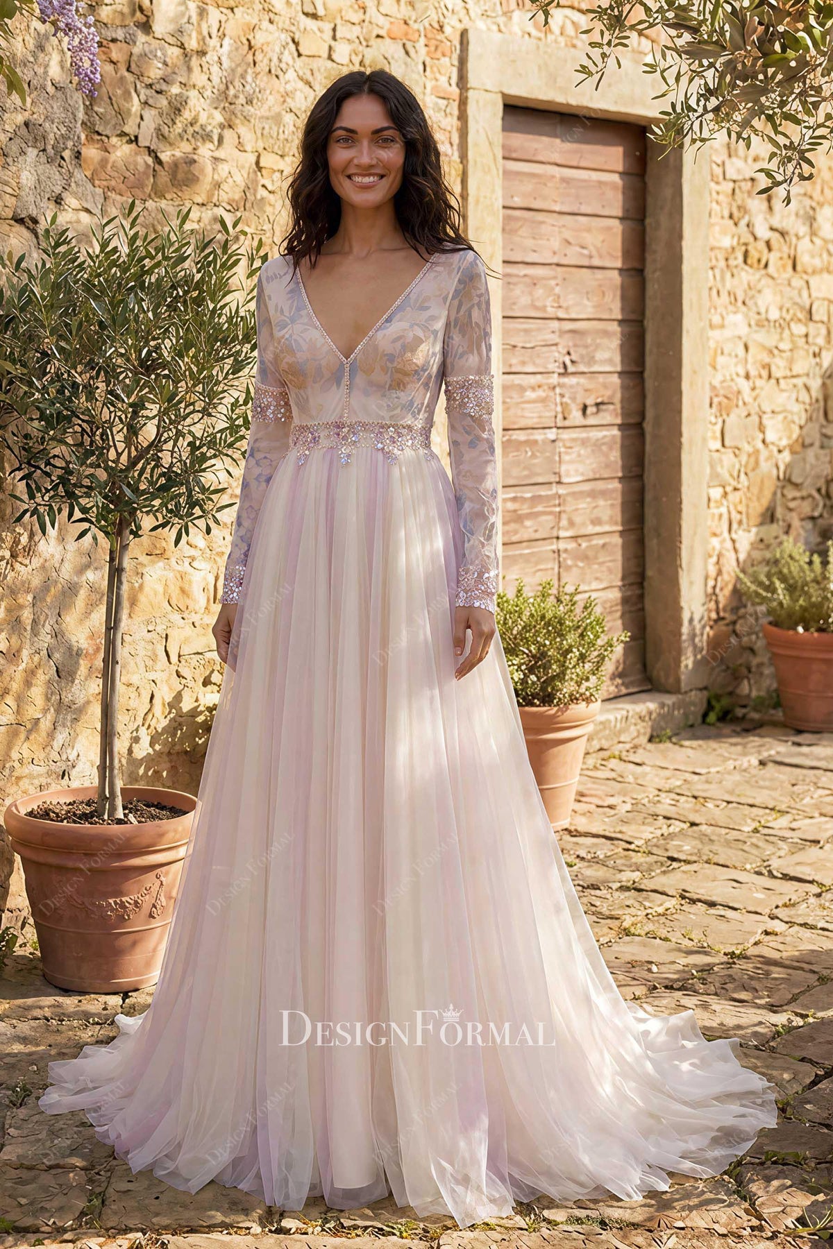 rainbow tulle v neck a line wedding dress