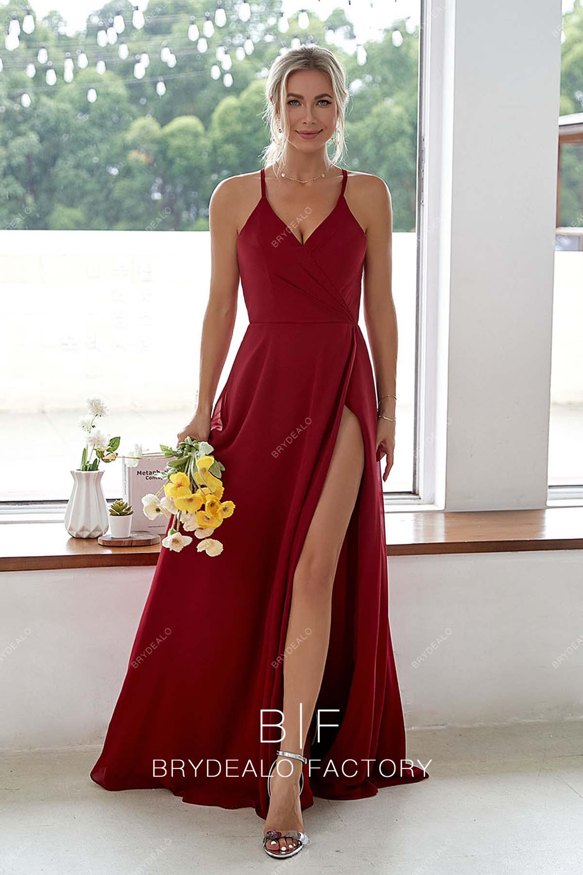 red V-neck slit chiffon bridesmaid dress