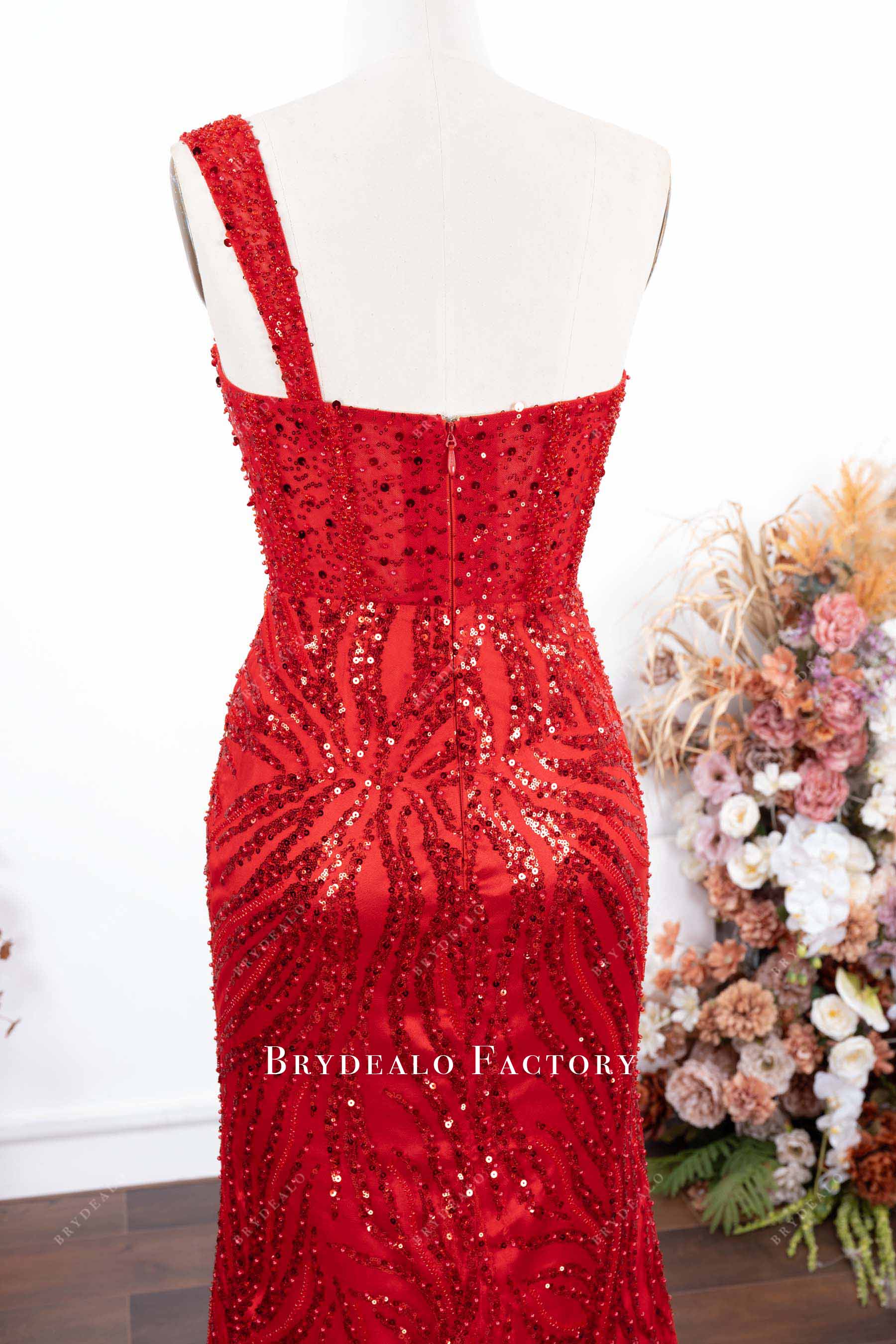 red beaded boning prom gown
