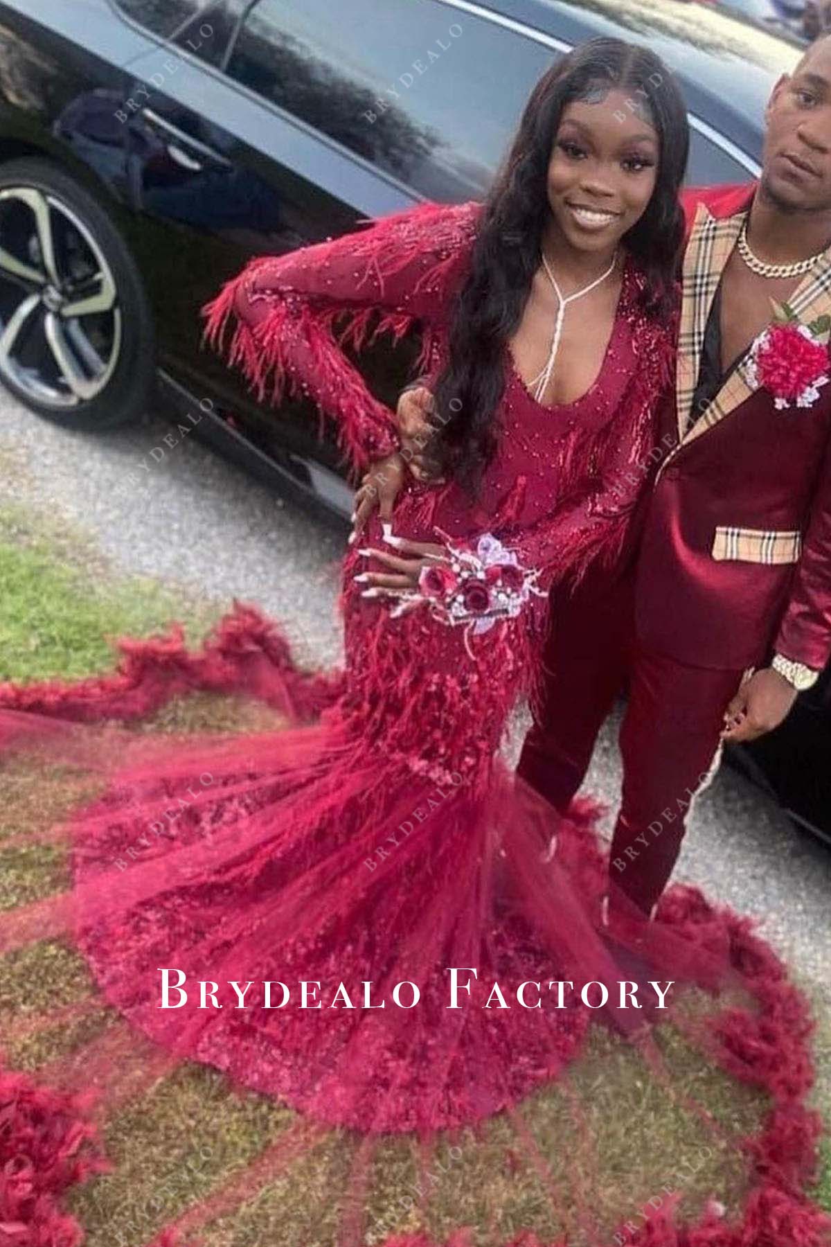 red beaded feathered long sleeves trumpet prom dress