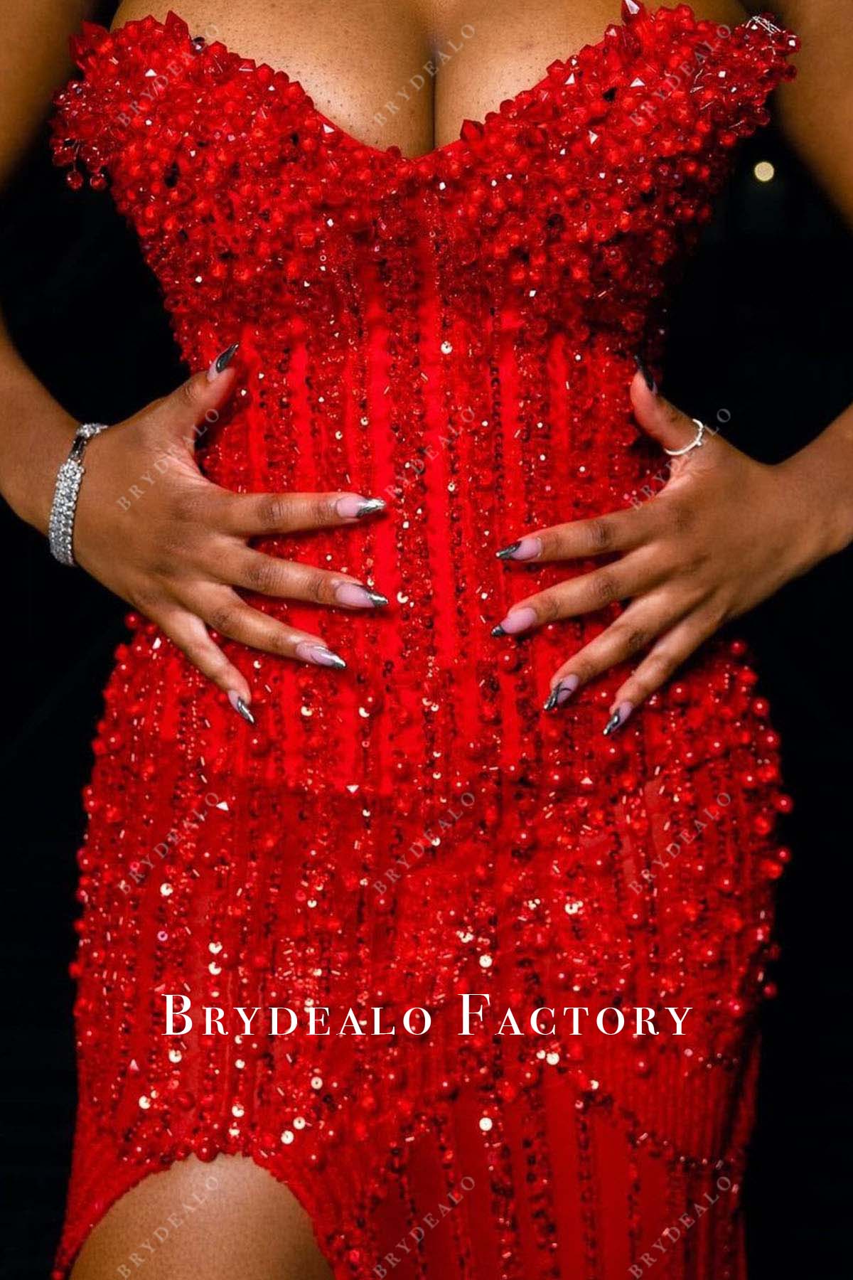 red beaded sequined prom dress