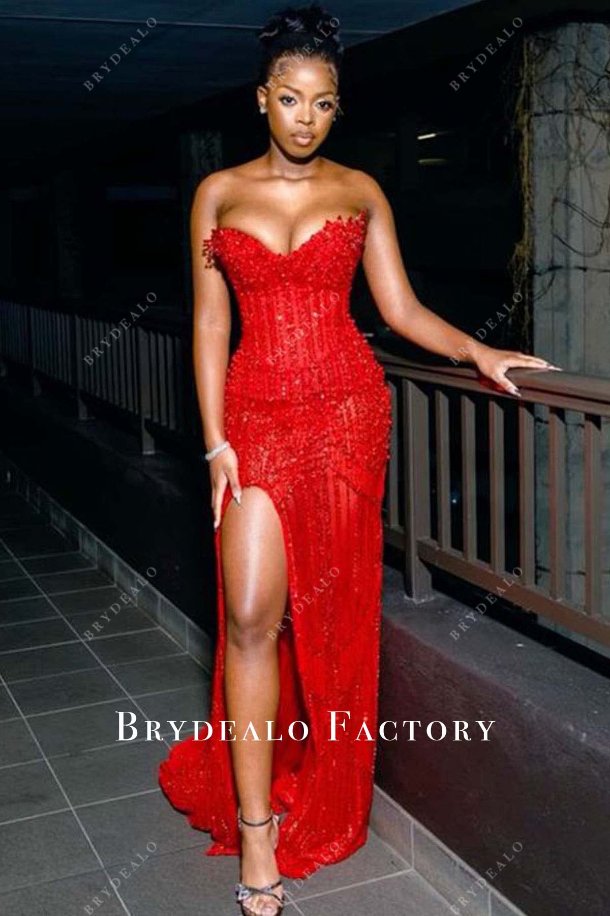 red beaded strapless prom dress