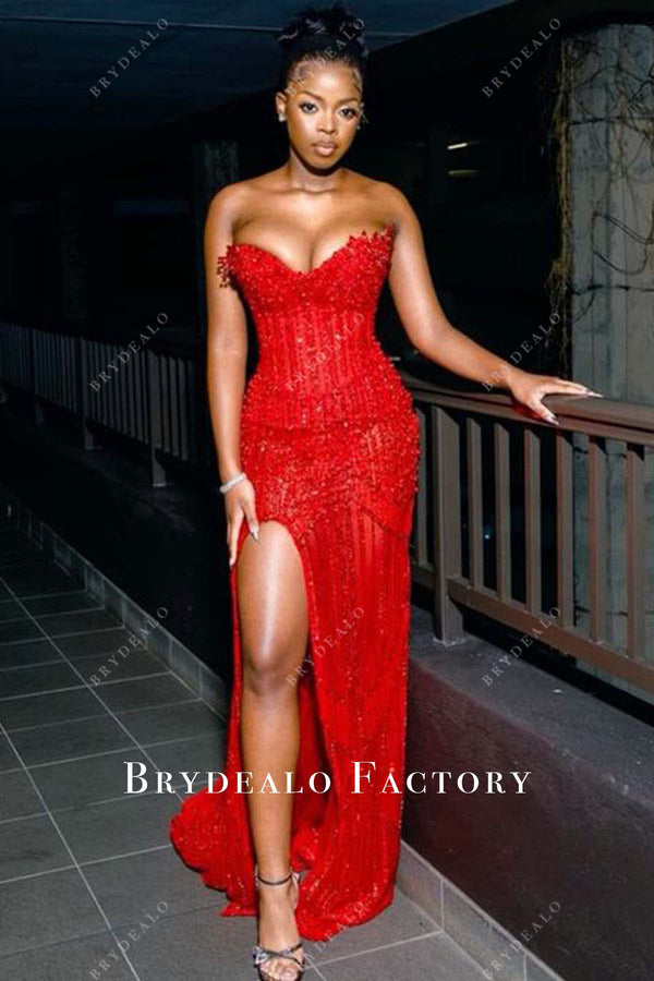 Sparkly Red Beaded Corset Long Prom Dress with Slit VK23122006