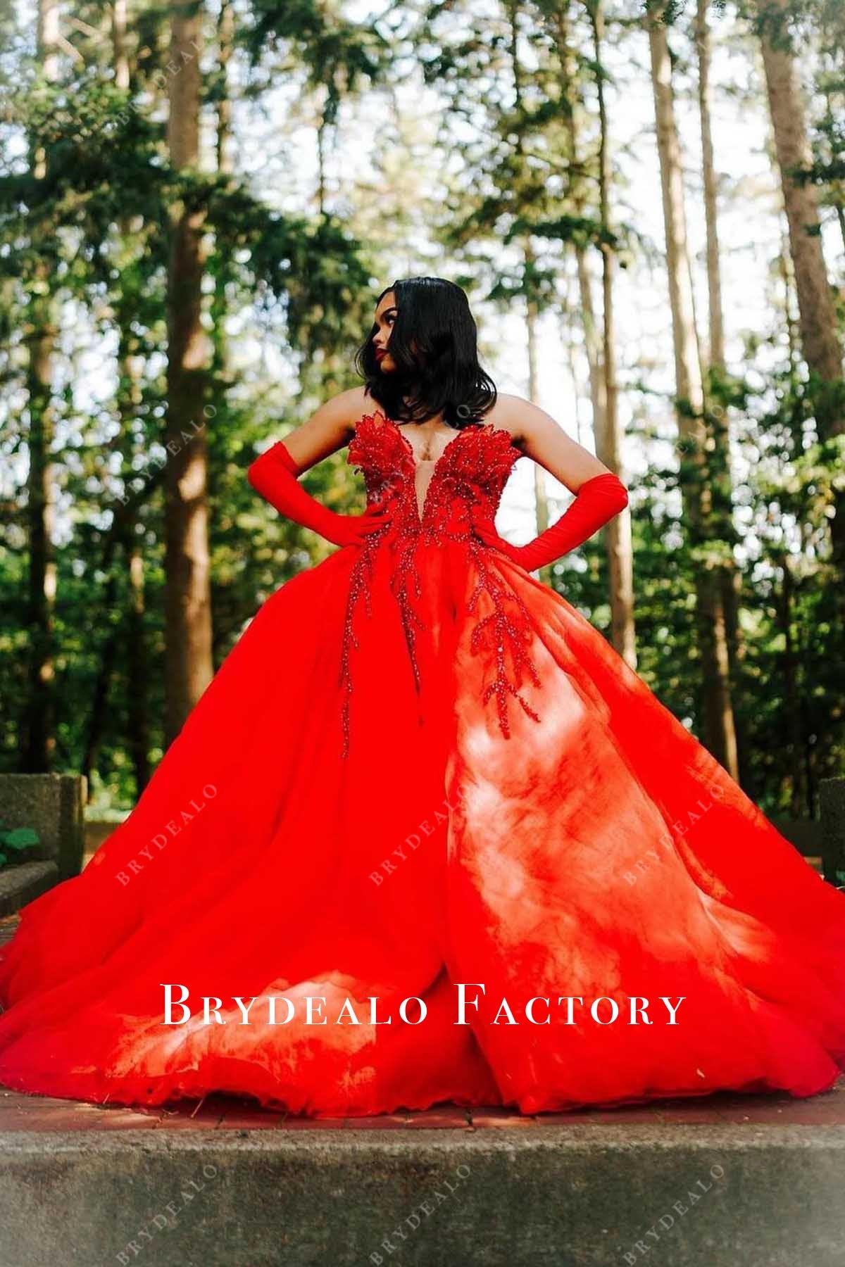 red beaded strapless prom dress