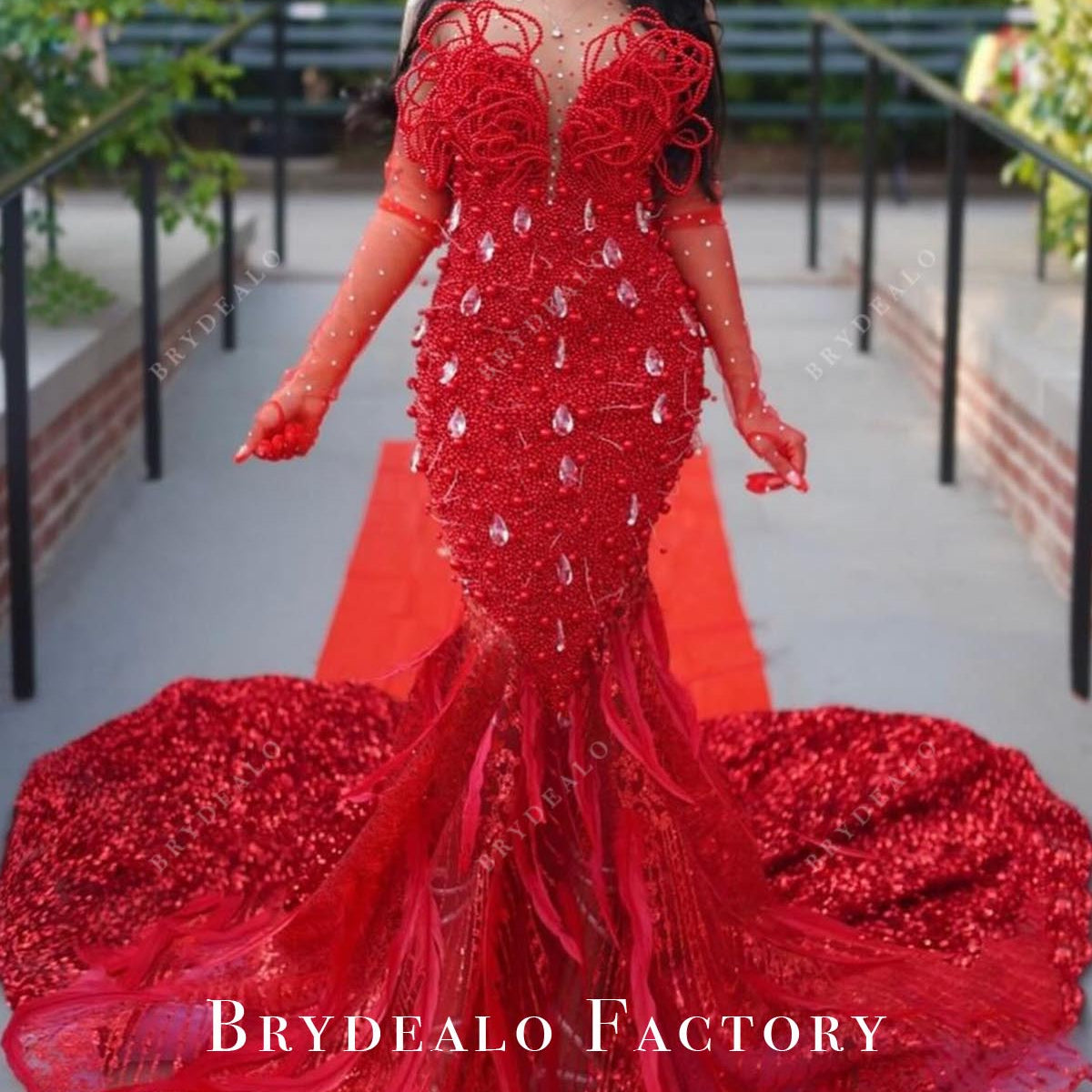 Crystals Red Beaded Illusion Neck Trumpet Prom Dress