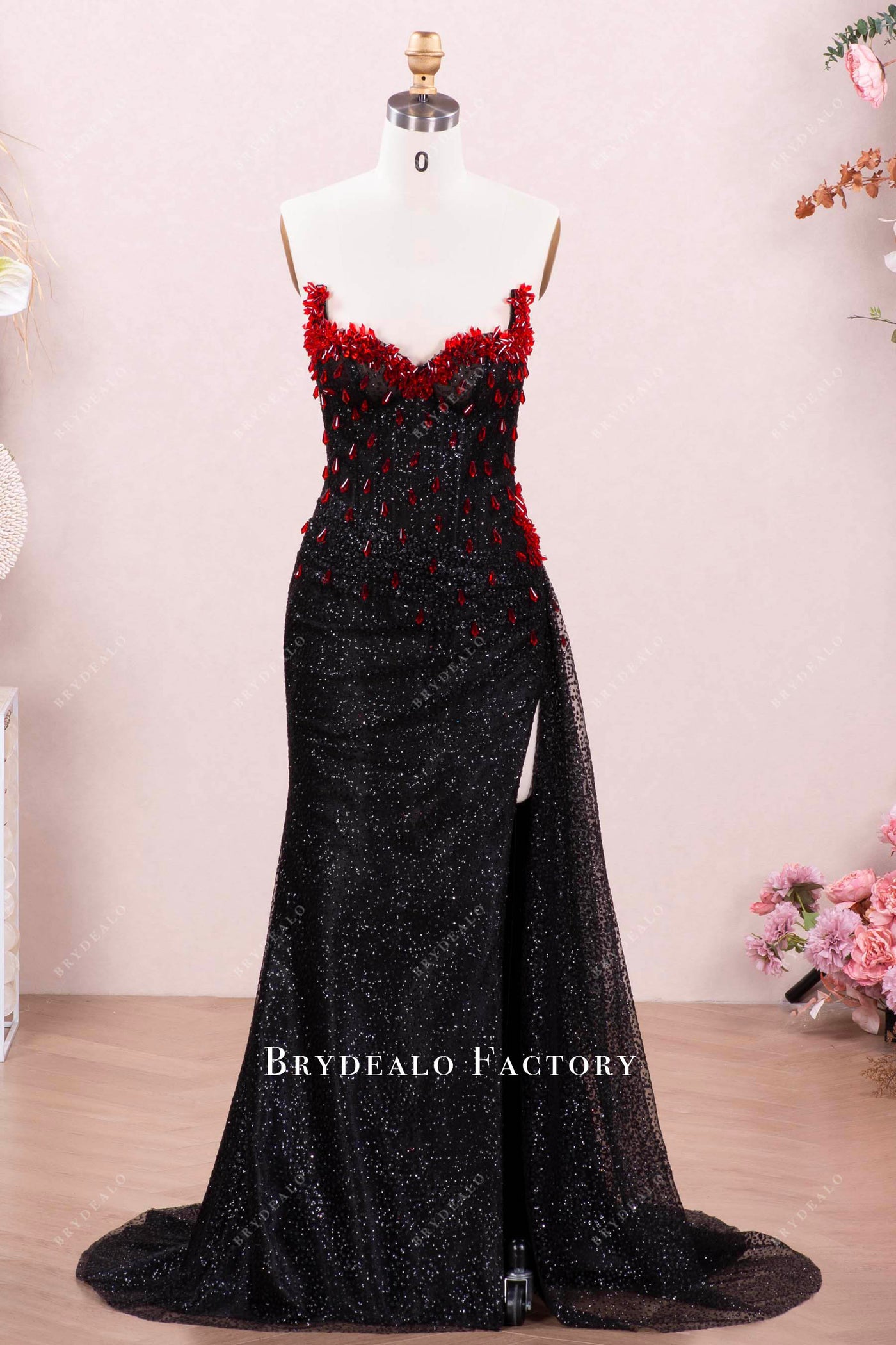 Black Strapless Glitter Prom Dress Red Rhinestone V-Neck
