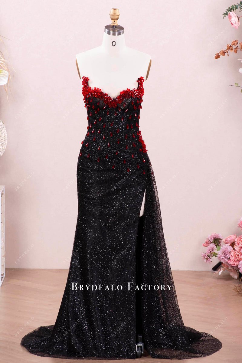 Black Strapless Glitter Prom Dress Red Rhinestone V-Neck