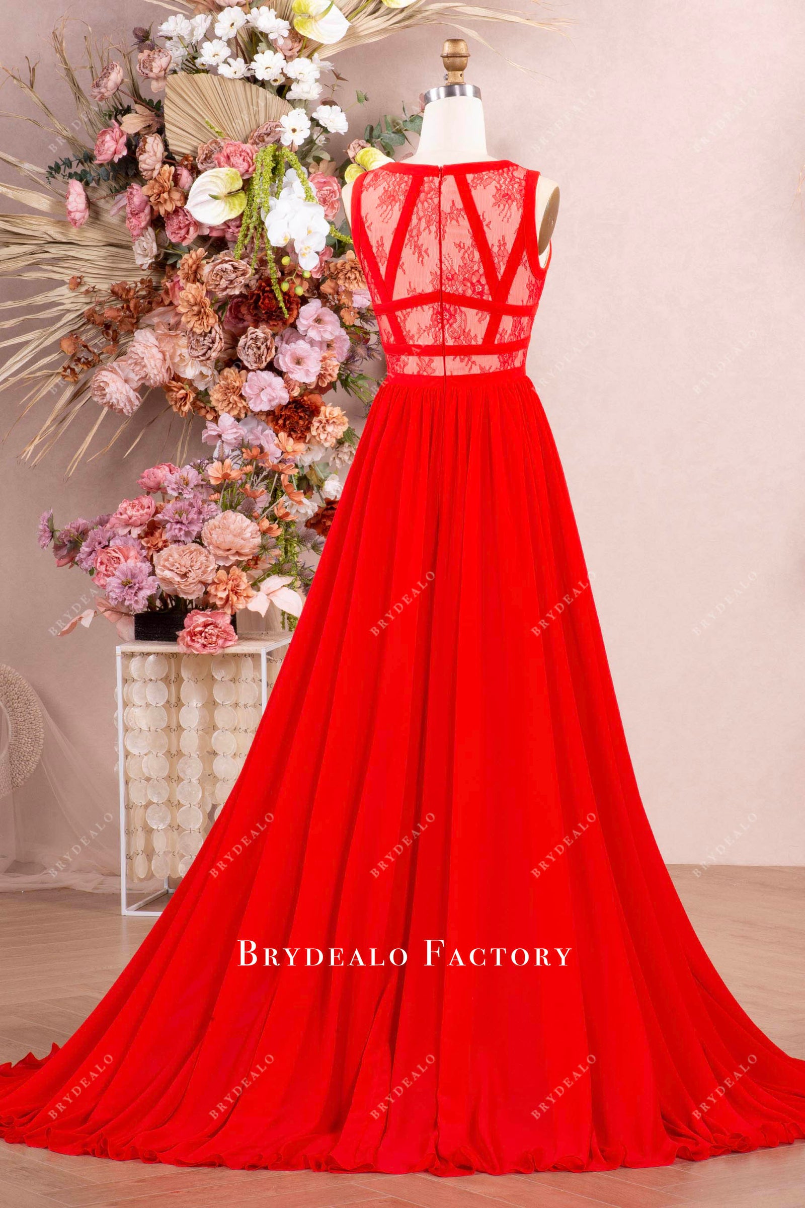Designer Red Sleeveless Lace Chiffon Formal Evening Prom Dress