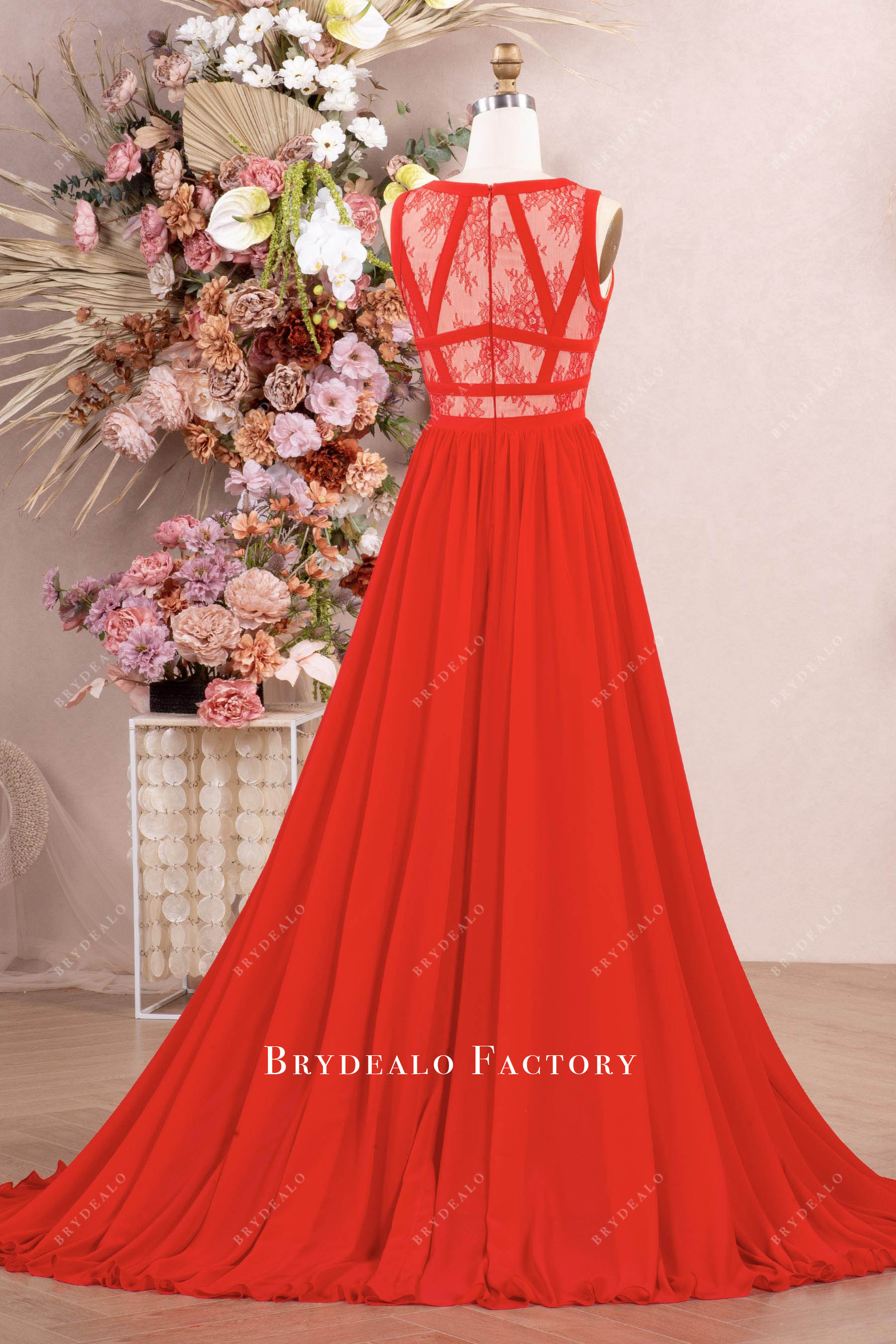 red carpet lace chiffon long evening dress