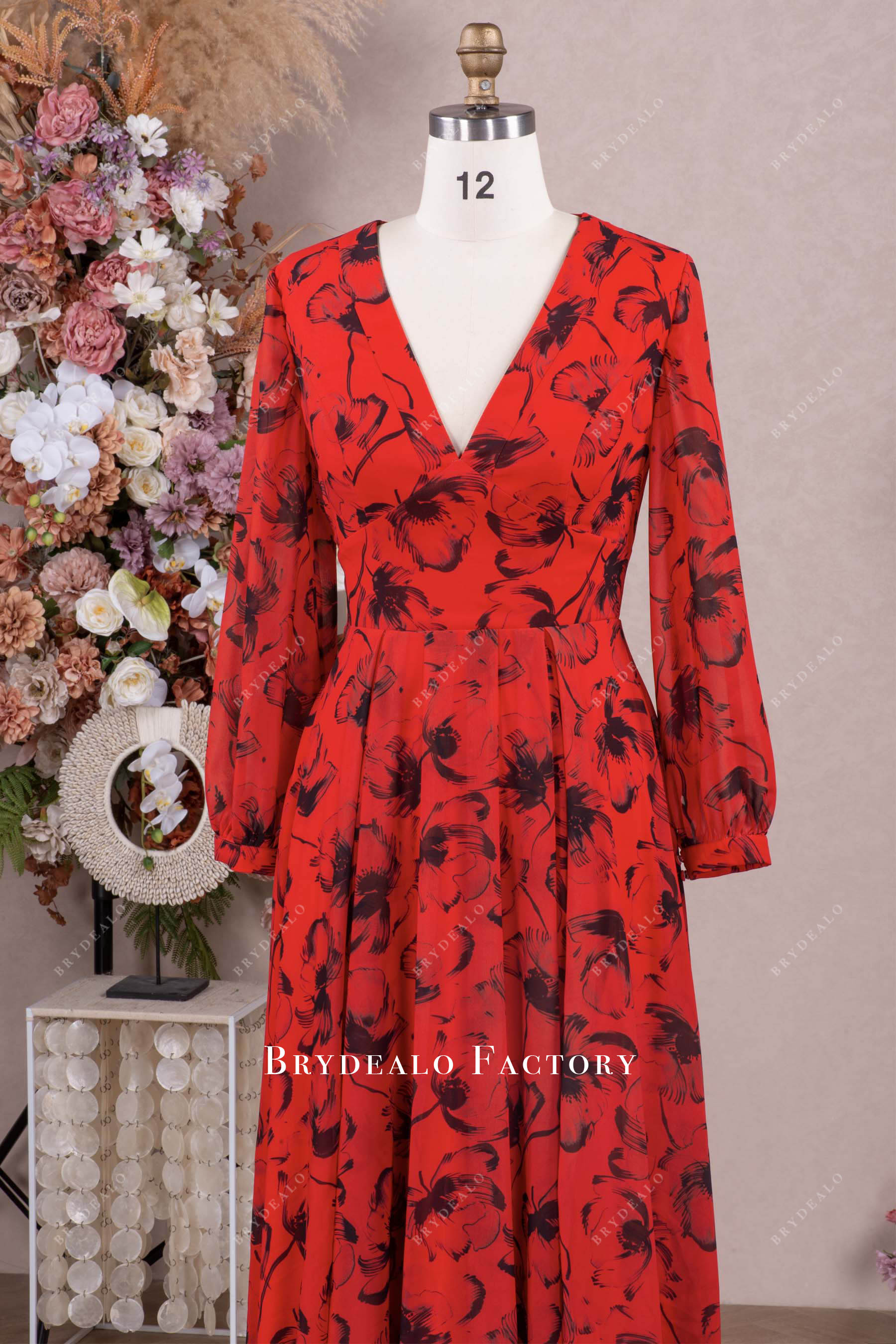 red chiffon black floral dress