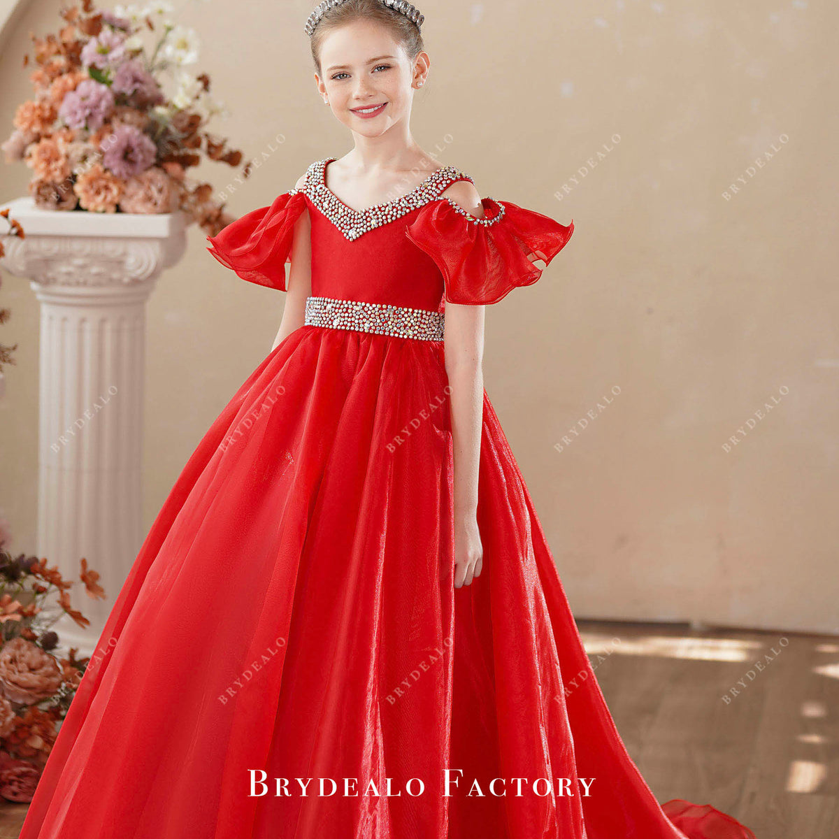 Red Organza Off Shoulder Rhinestones Children Pageant Dress
