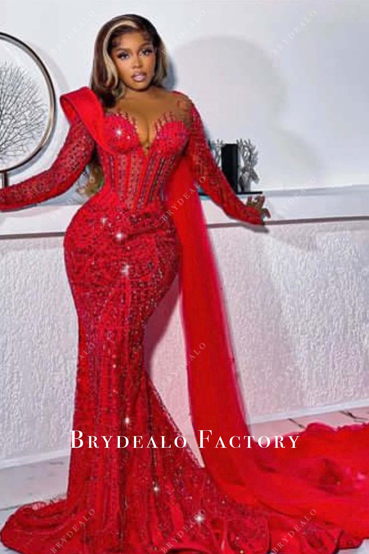 red corset long sleeves mermaid prom dress