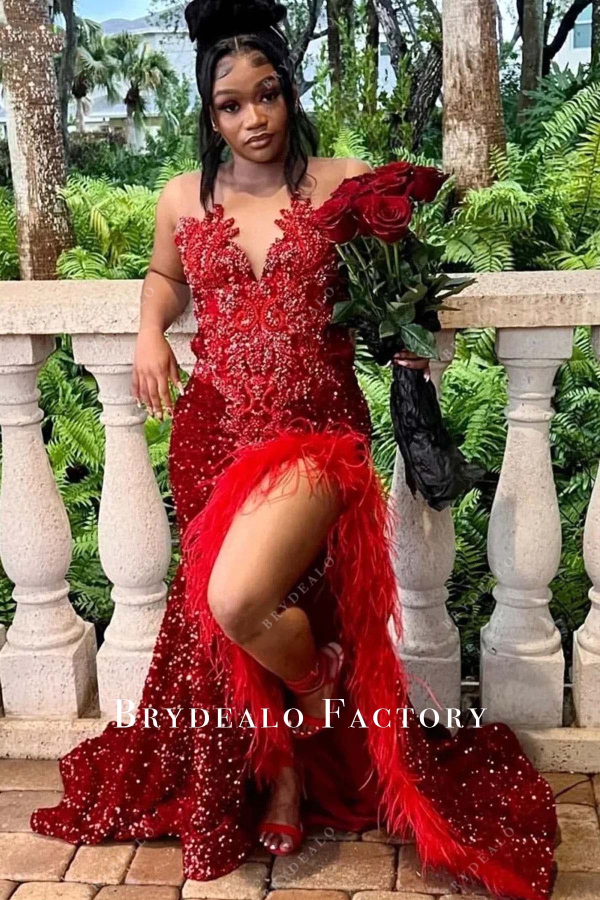 red feather slit mermaid prom dress