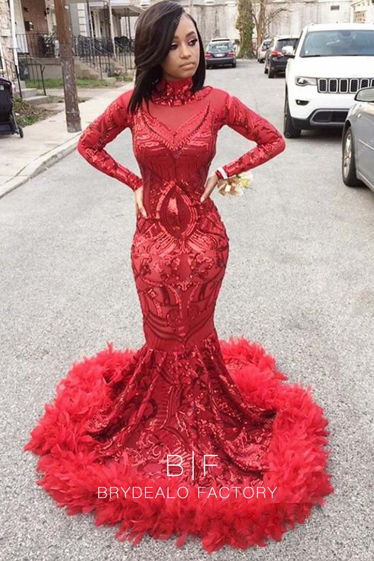 red unique sequin mermaid feather chapel train prom dress