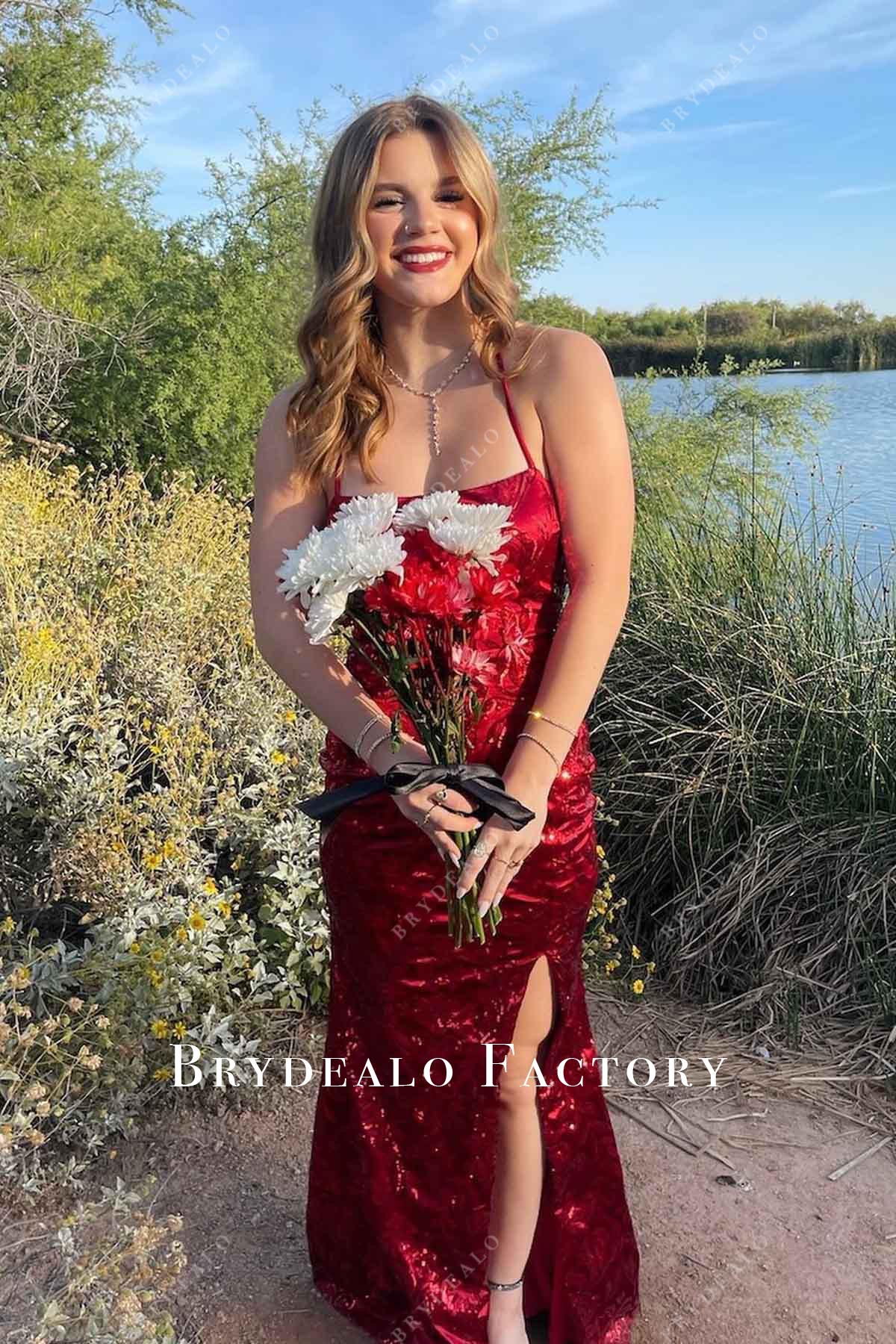 red glitter thin straps prom dress