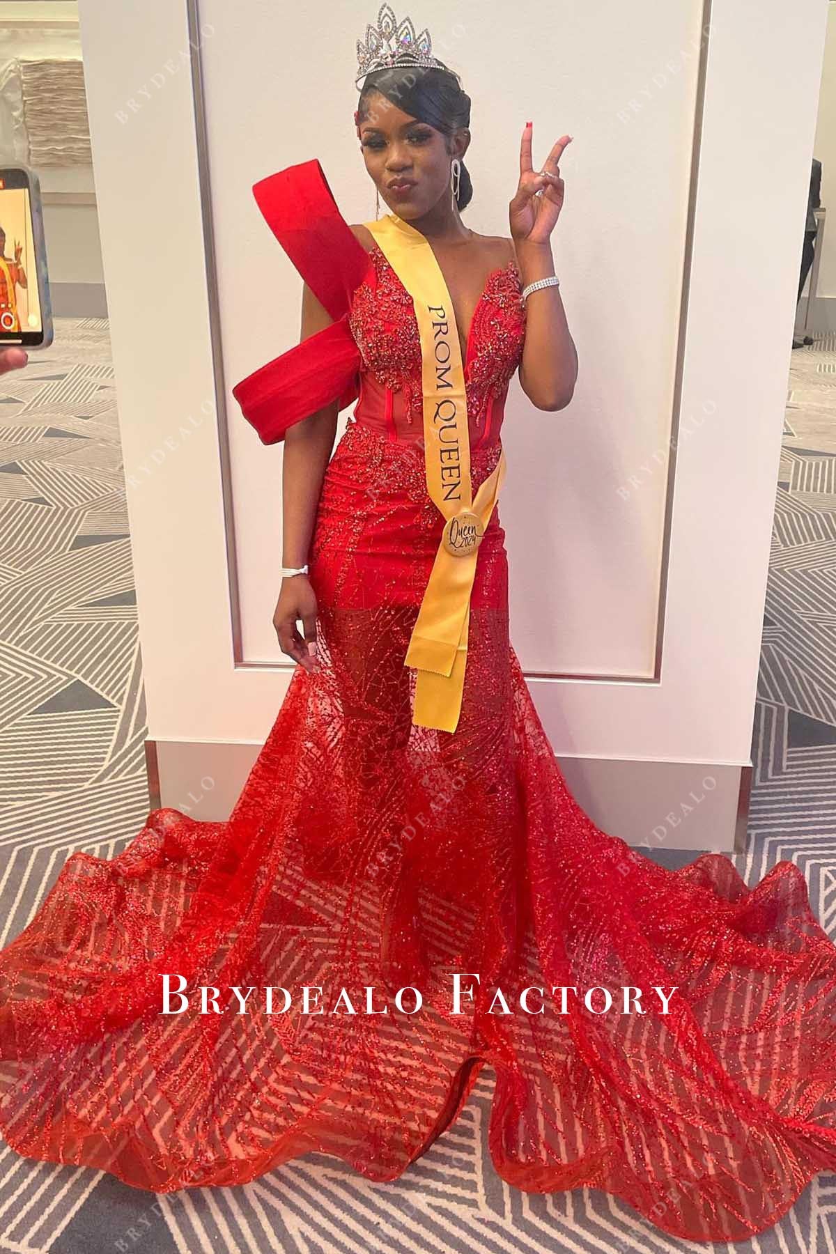 red glitter trumpet prom dress