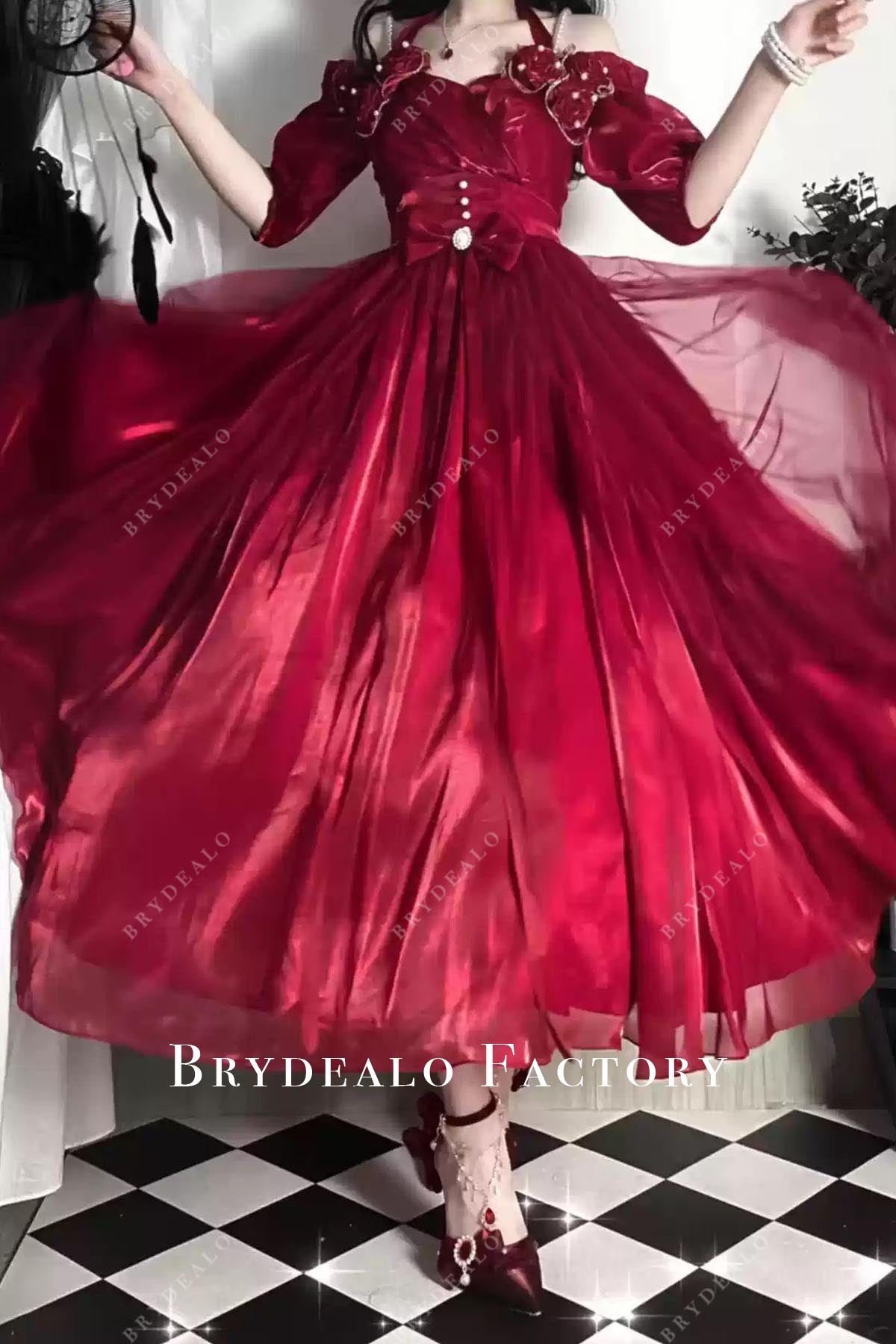 red halter ankle length lolita dress