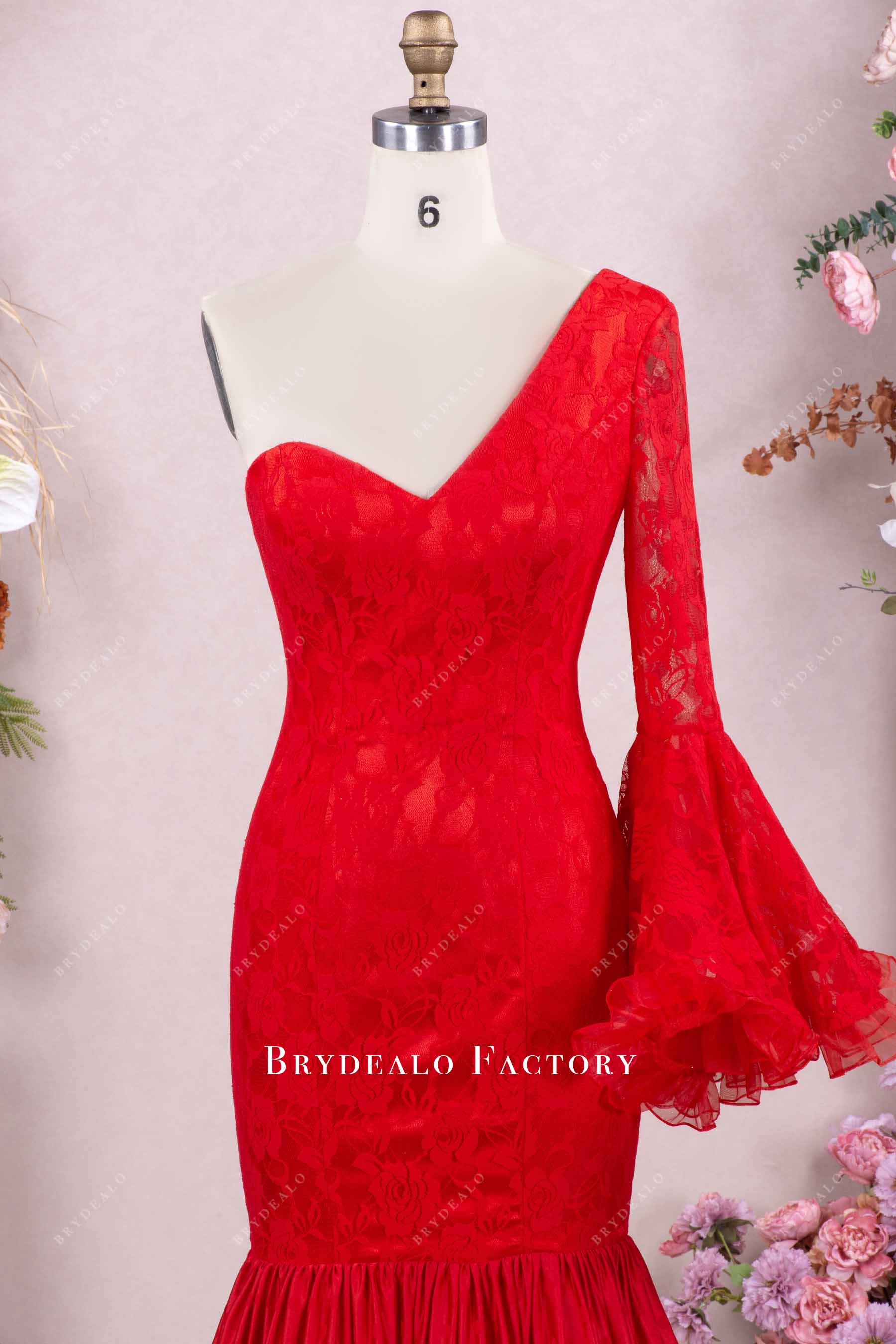 red lace asymmetrical neck trumpet prom dress