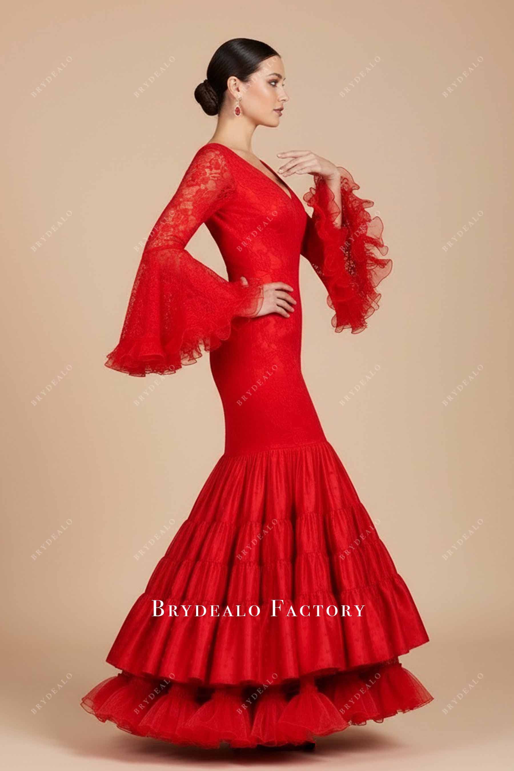 red lace bell sleeves formal dress