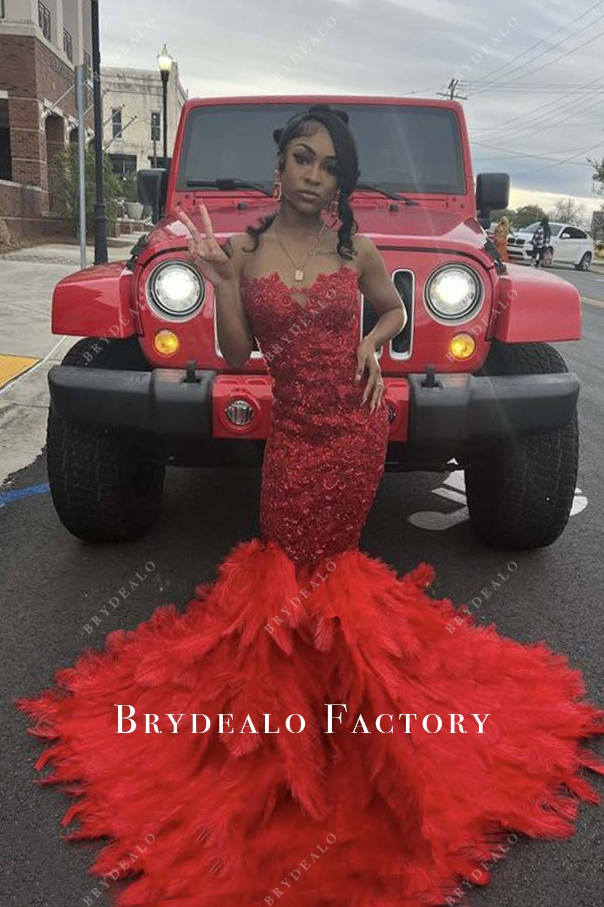 Red Big Feathers Trumpet Strapless Long Prom Dress