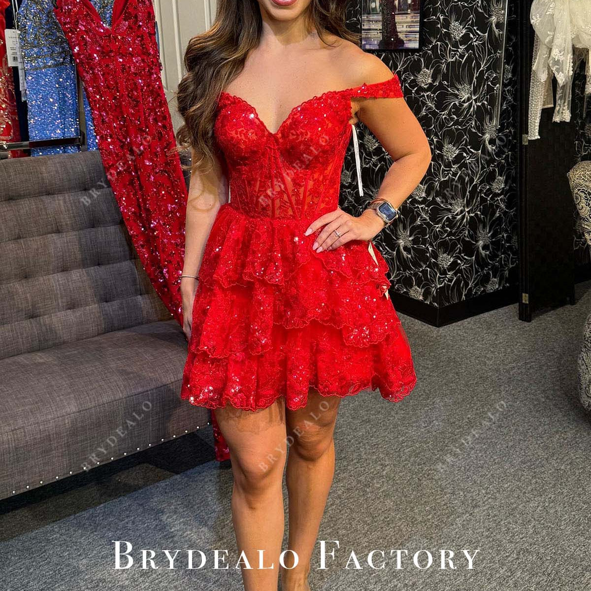 Red Lace Sequined Off Shoulder Layered Prom Dress