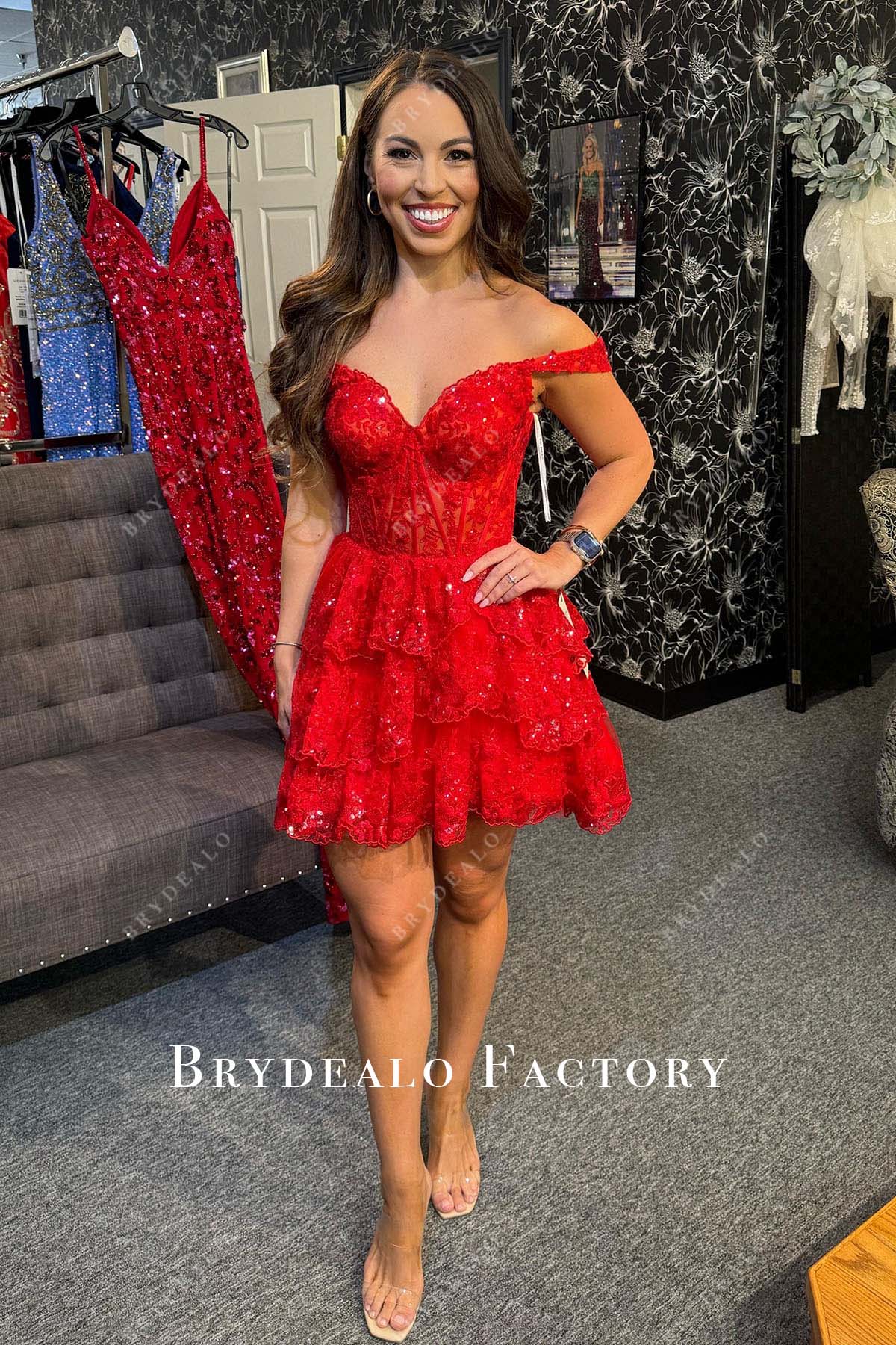 red lace sequined off shoulder mini homecoming dress