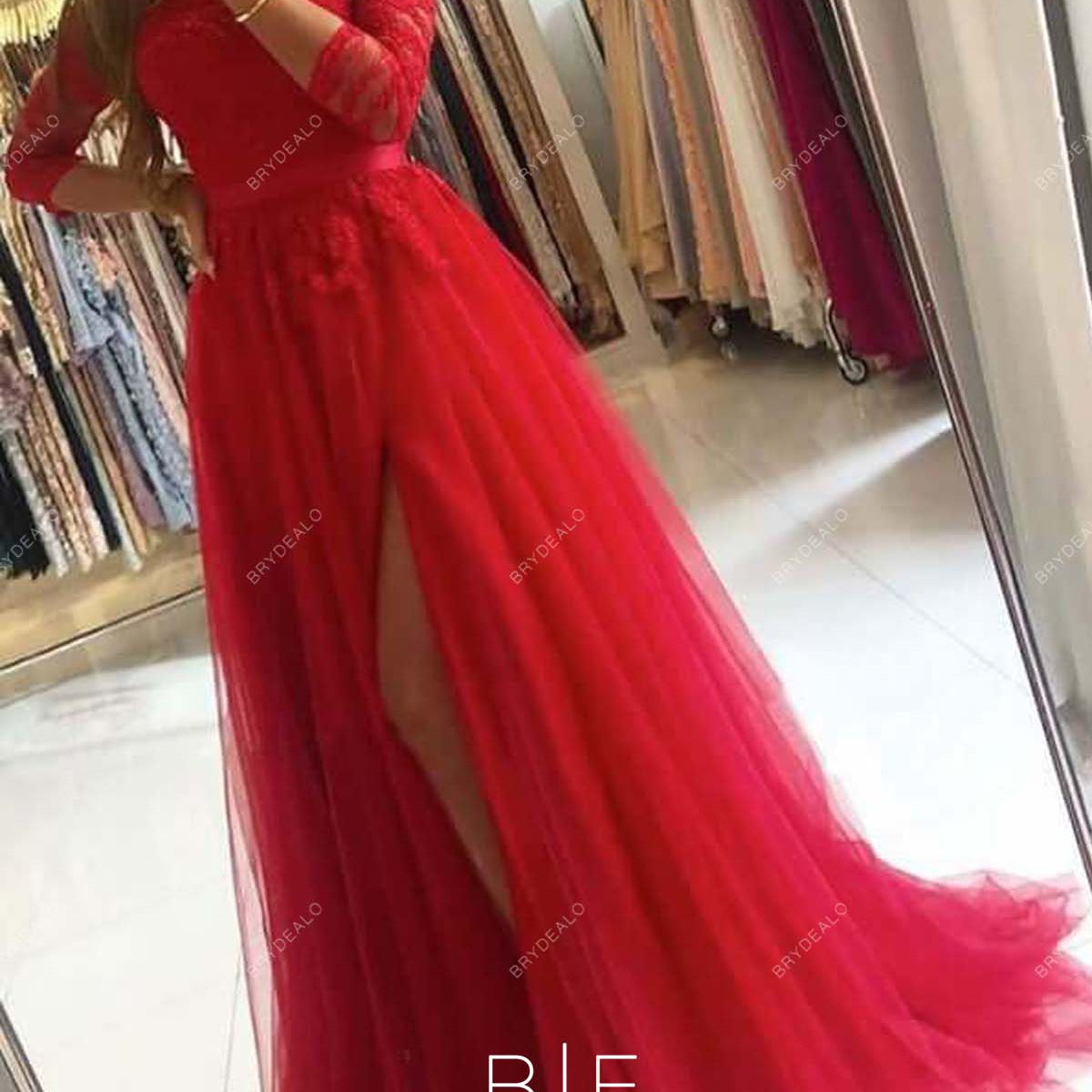 Red Lace 3/4 Sleeves A-line Slit Tulle Long Evening Prom Formal Dress