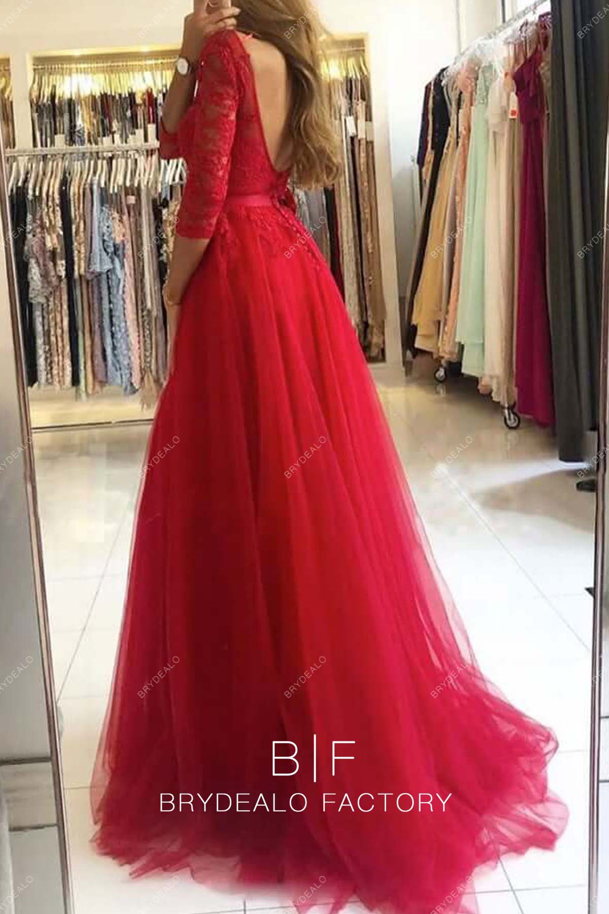 open back A-line red tulle formal gown
