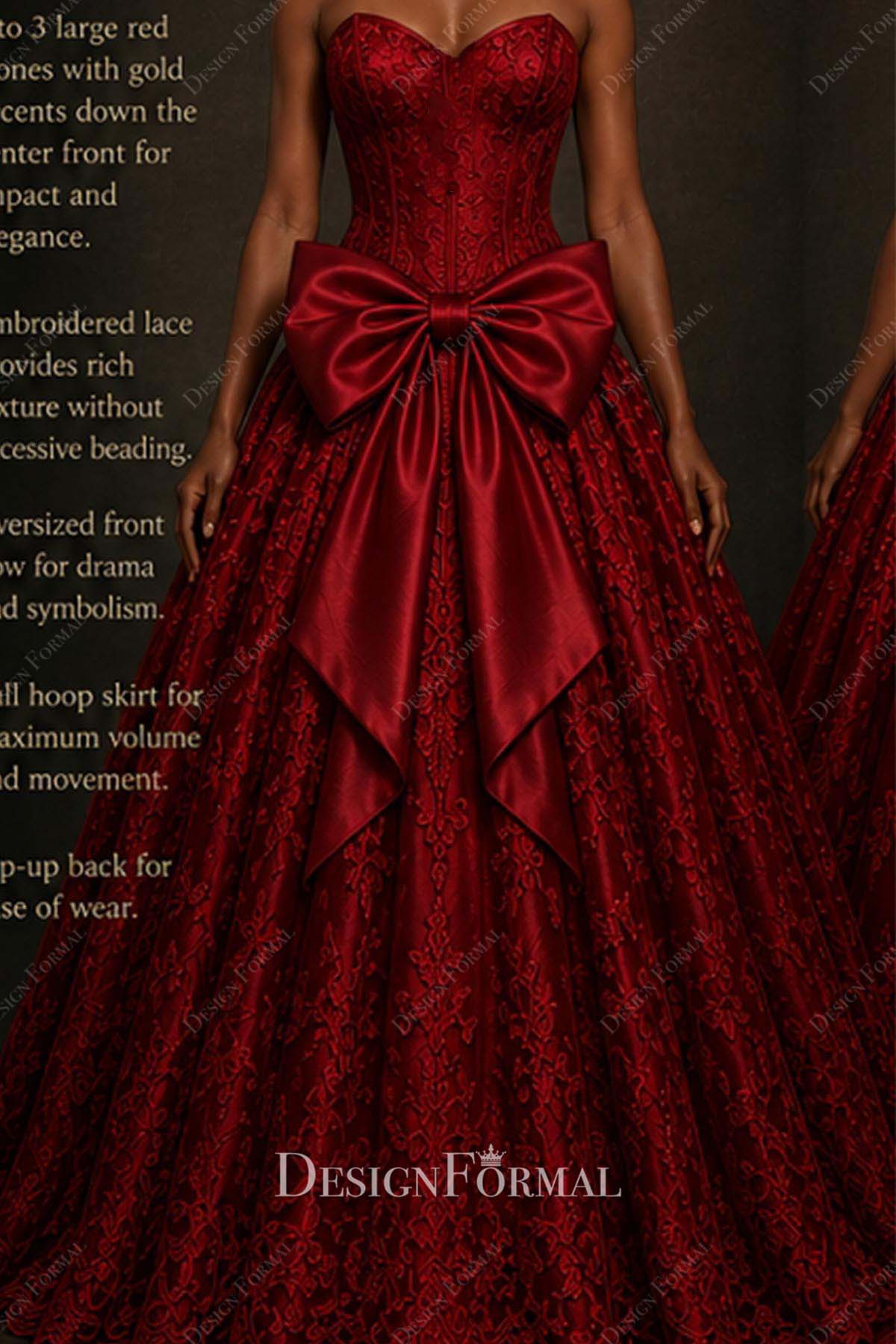 red lace strapless bowknot ballgown