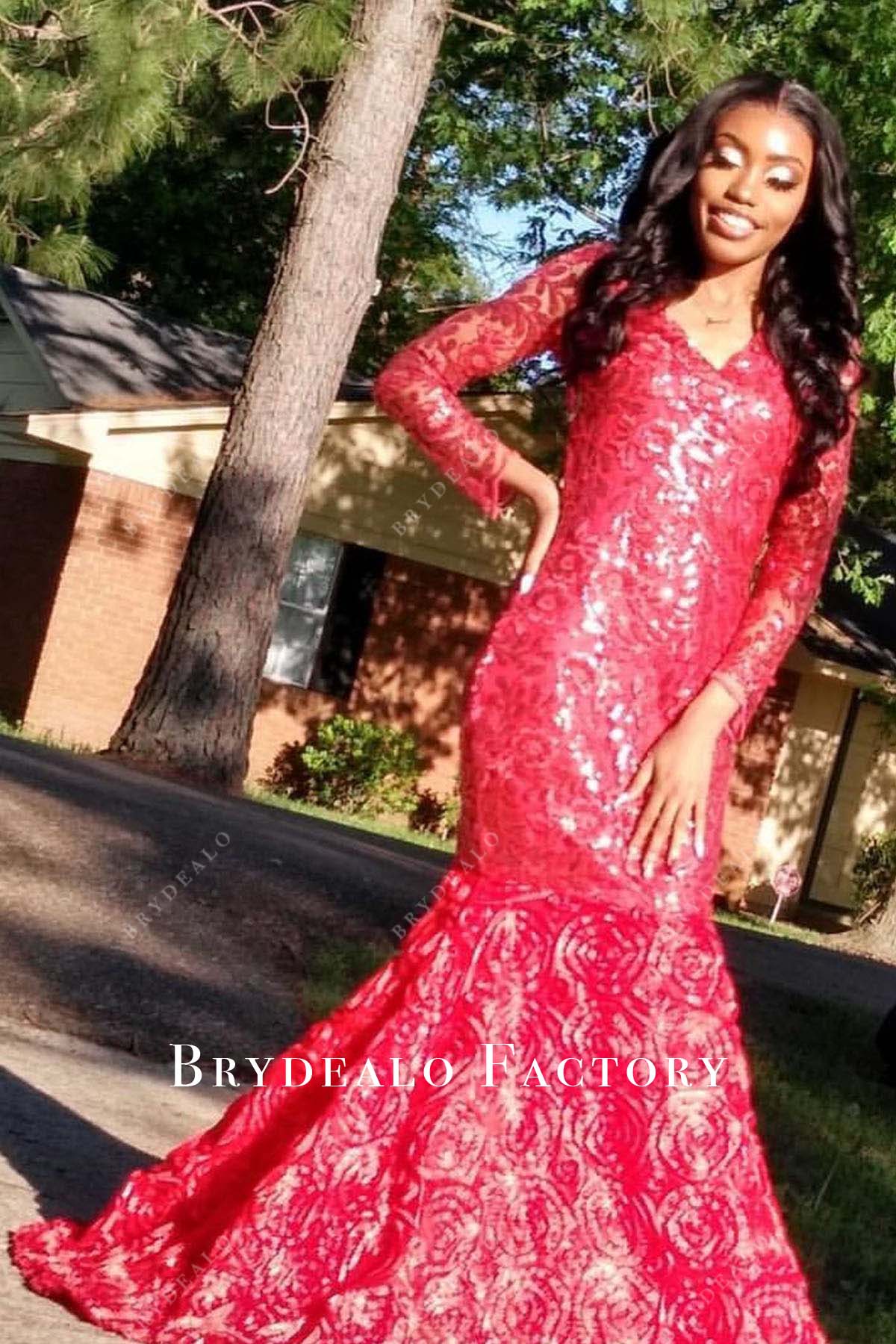 red lace v neck prom dress