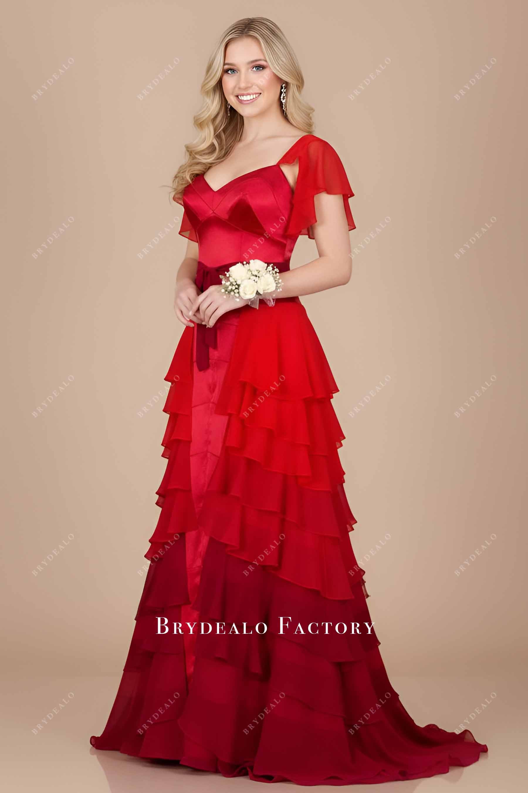 red layered chiffon prom dress