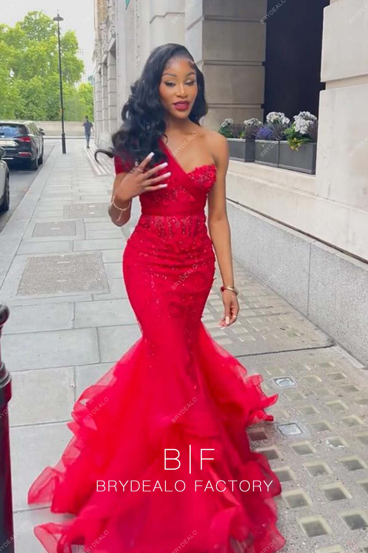 Red One Shoulder Sparkly Beading Sequins Tulle Trumpet Prom Dress