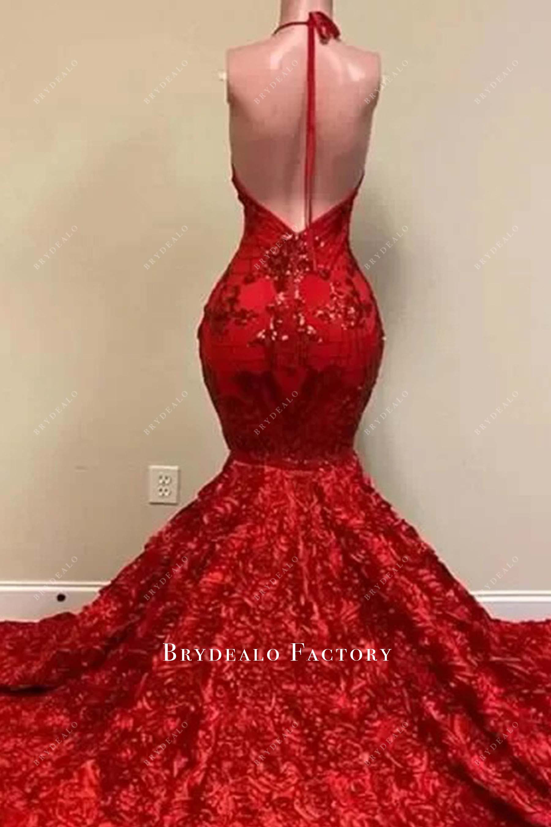 red open back trumpet prom dress