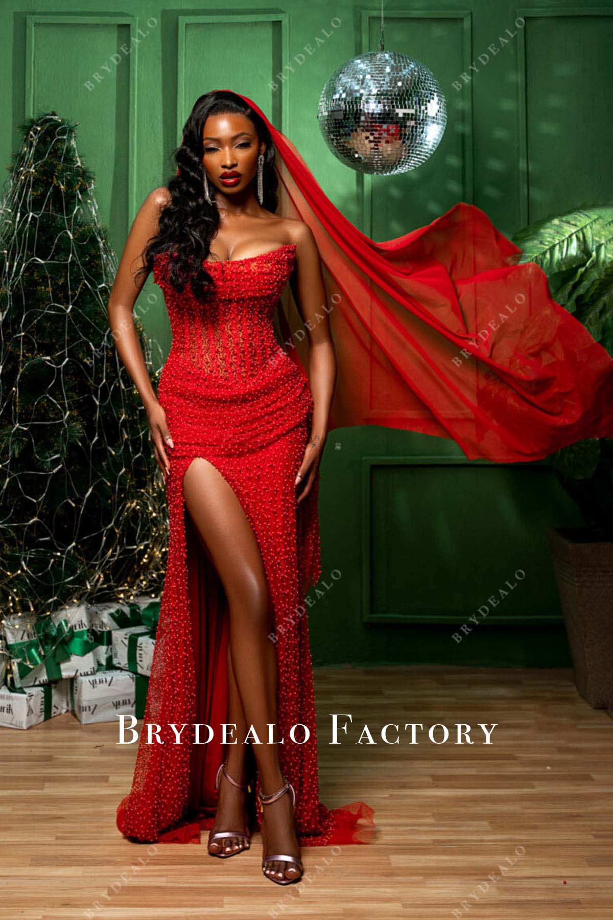 red pearl strapless Christmas Holiday Dress