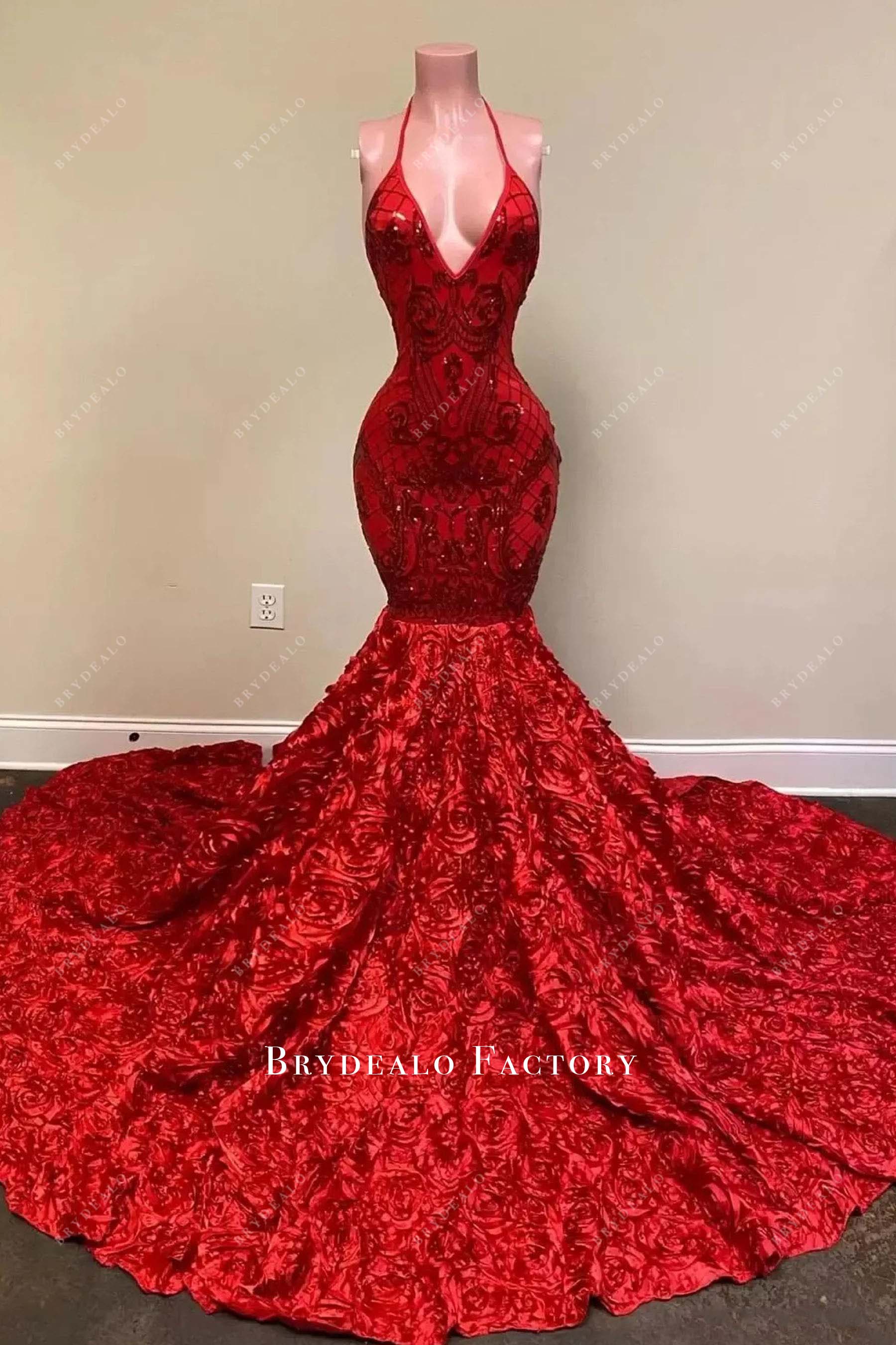 red plunging neck trumpet prom dress