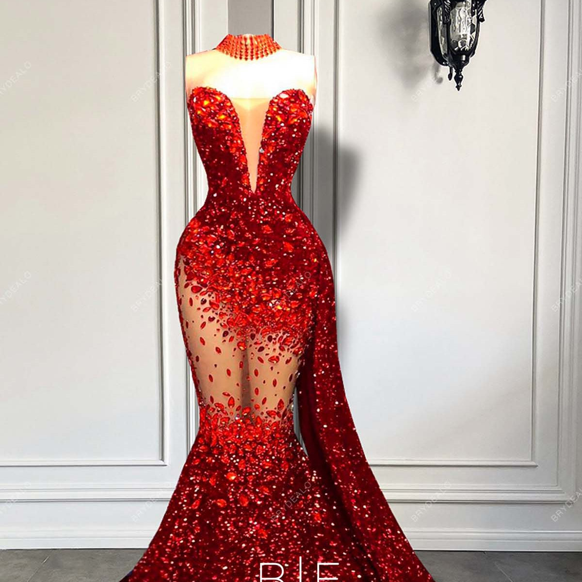 Sparkly Red Sequin Rhinestones Deep Neck Panel Train Formal Dress Sparkly Red Sequin Rhinestones Deep Neck Panel Train Formal Dress