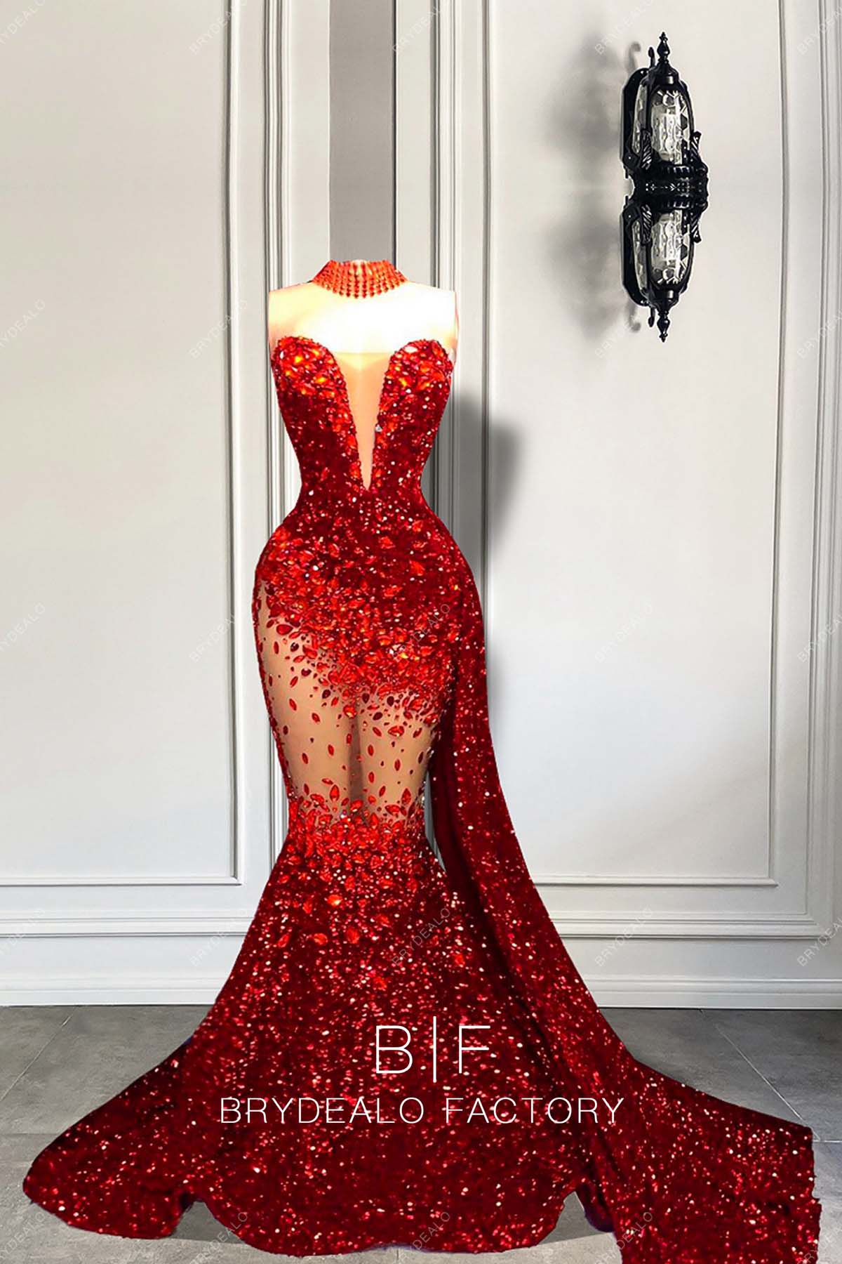 Sparkly Red Sequin Rhinestones Deep Neck Panel Train Formal Dress