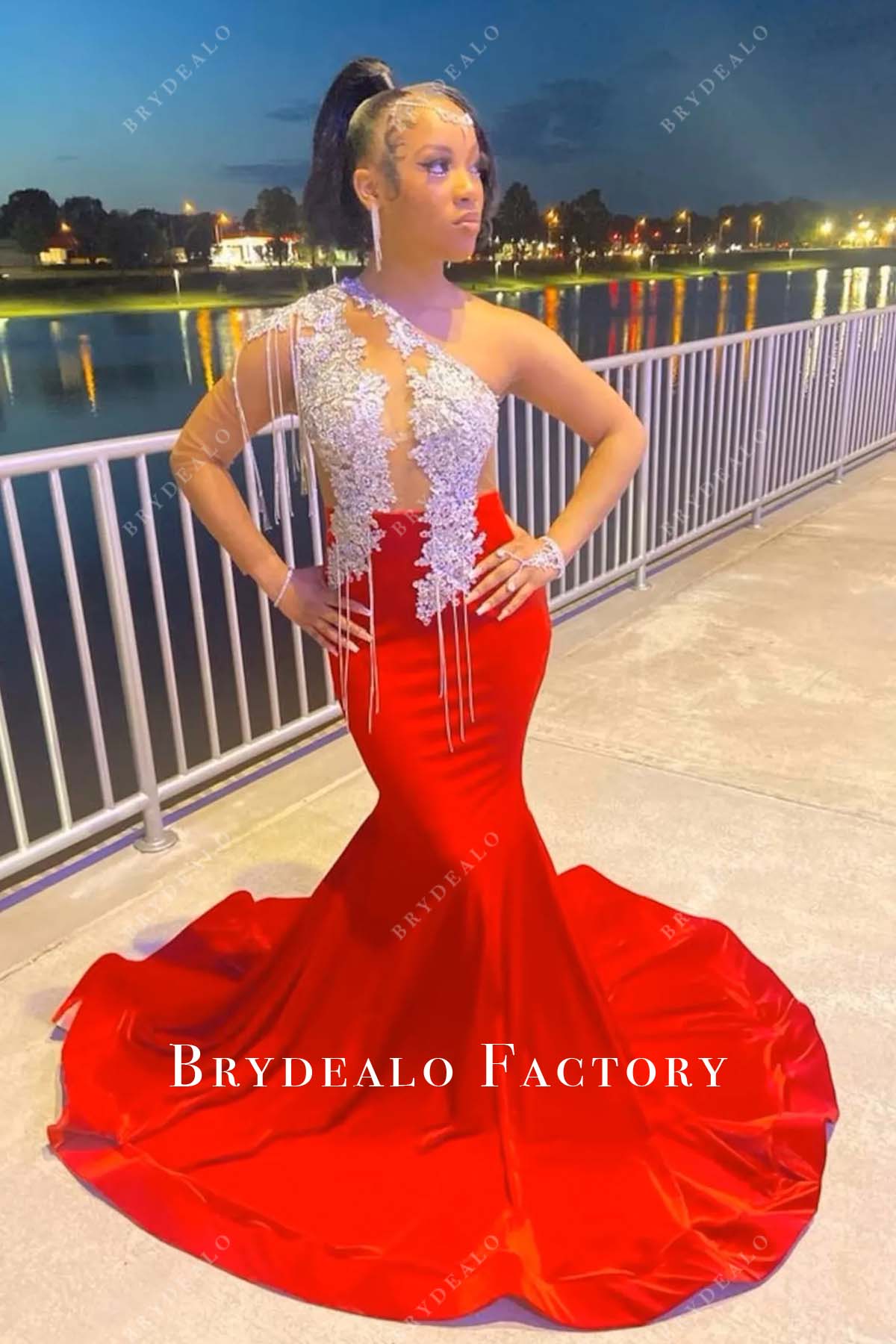 Red Satin Mermaid Custom One Sleeve Tassel Lace Prom Dress