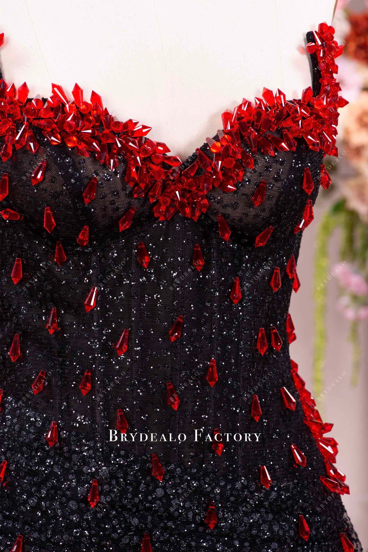 Black Strapless Glitter Prom Dress Red Rhinestone V-Neck