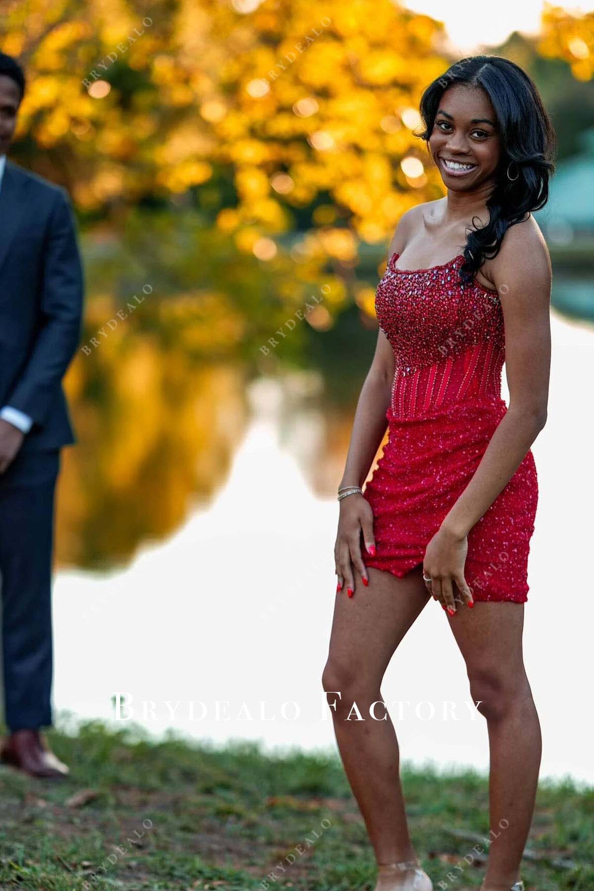 red rhinestones corset mini homecoming dress