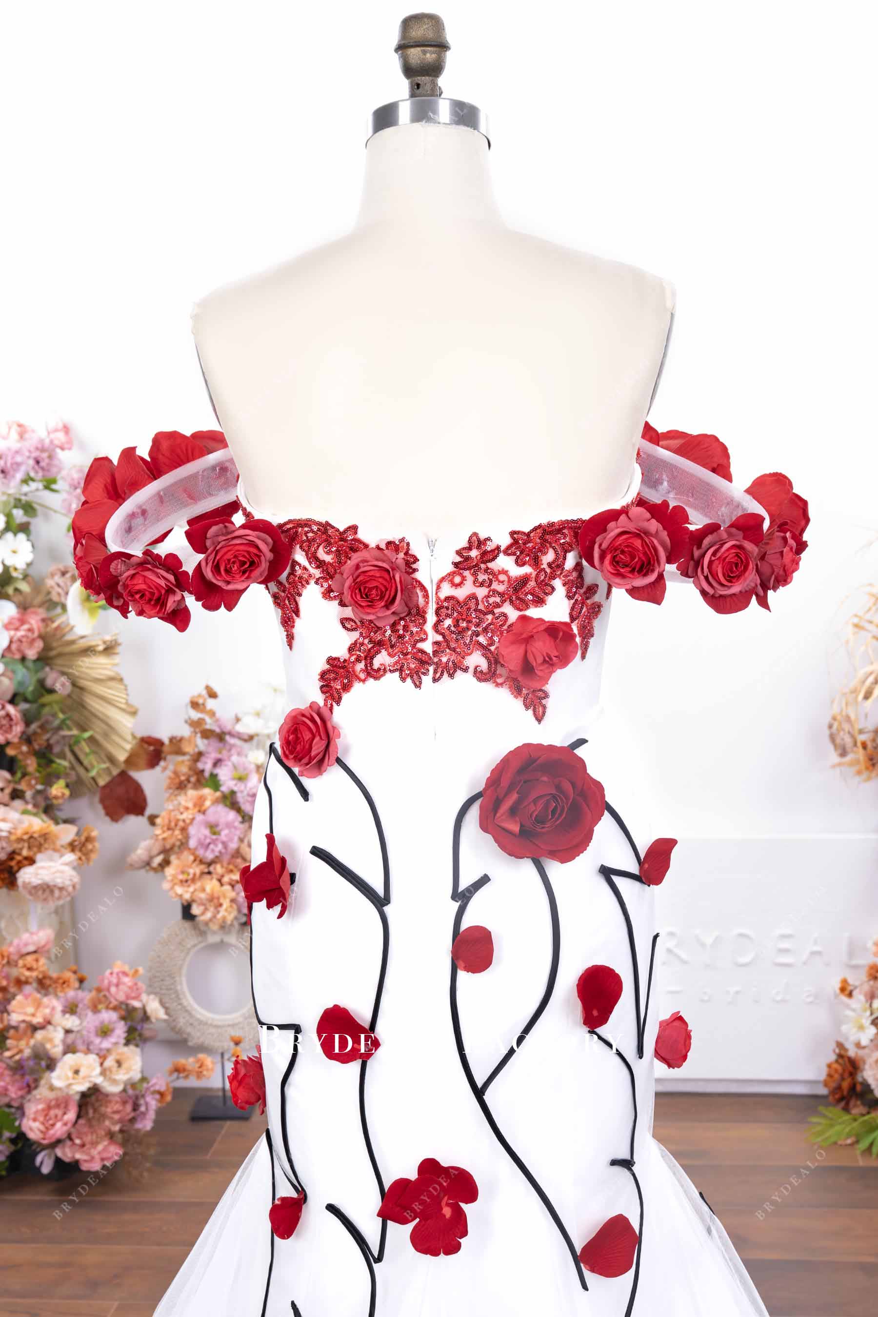 red rose lace backless wedding gown