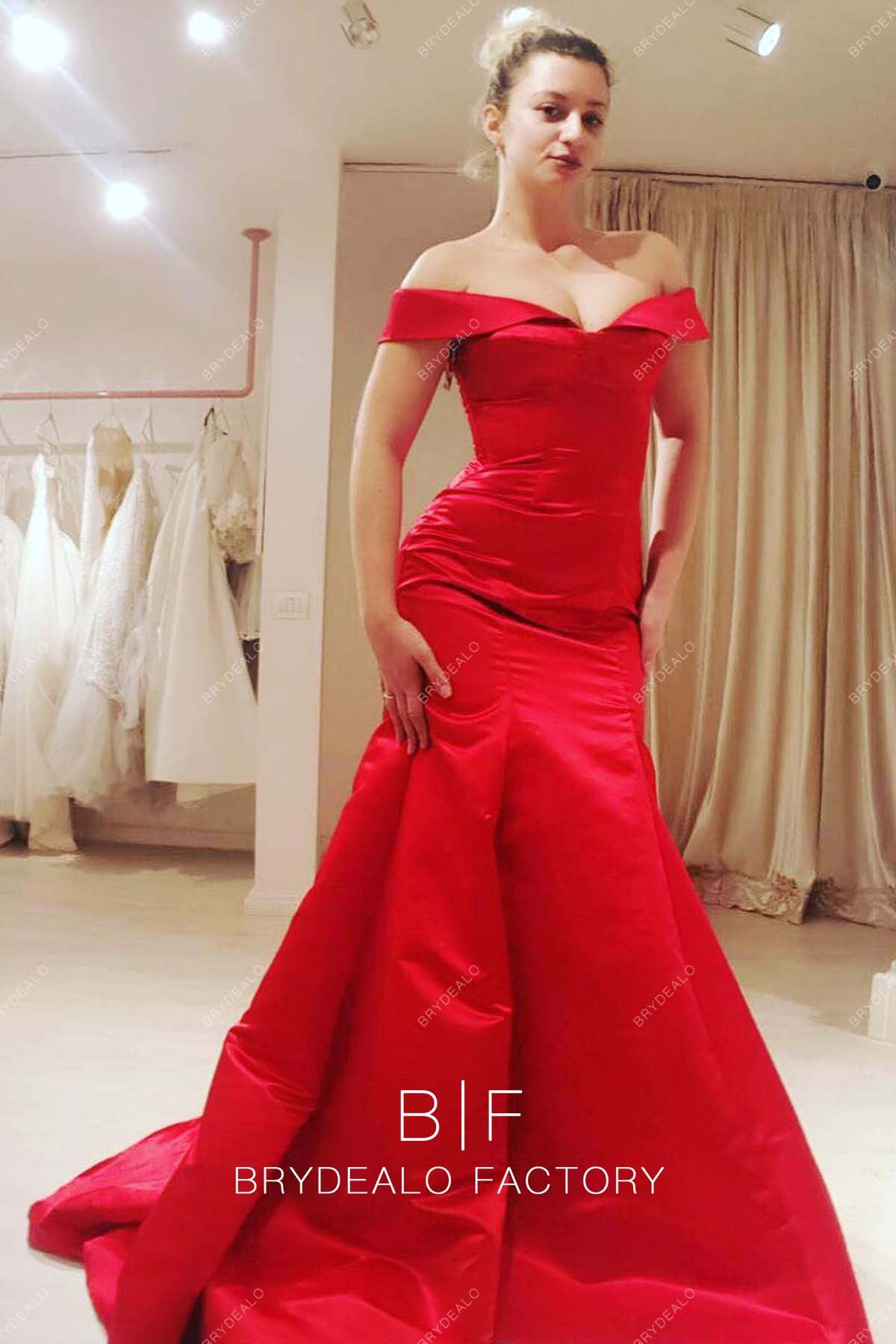 red satin off shoulder long bridesmaid dress
