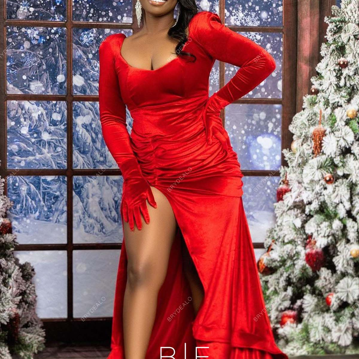 Red Velvet Long Sleeve Sexy Slit Long Christmas Day Holiday Dress