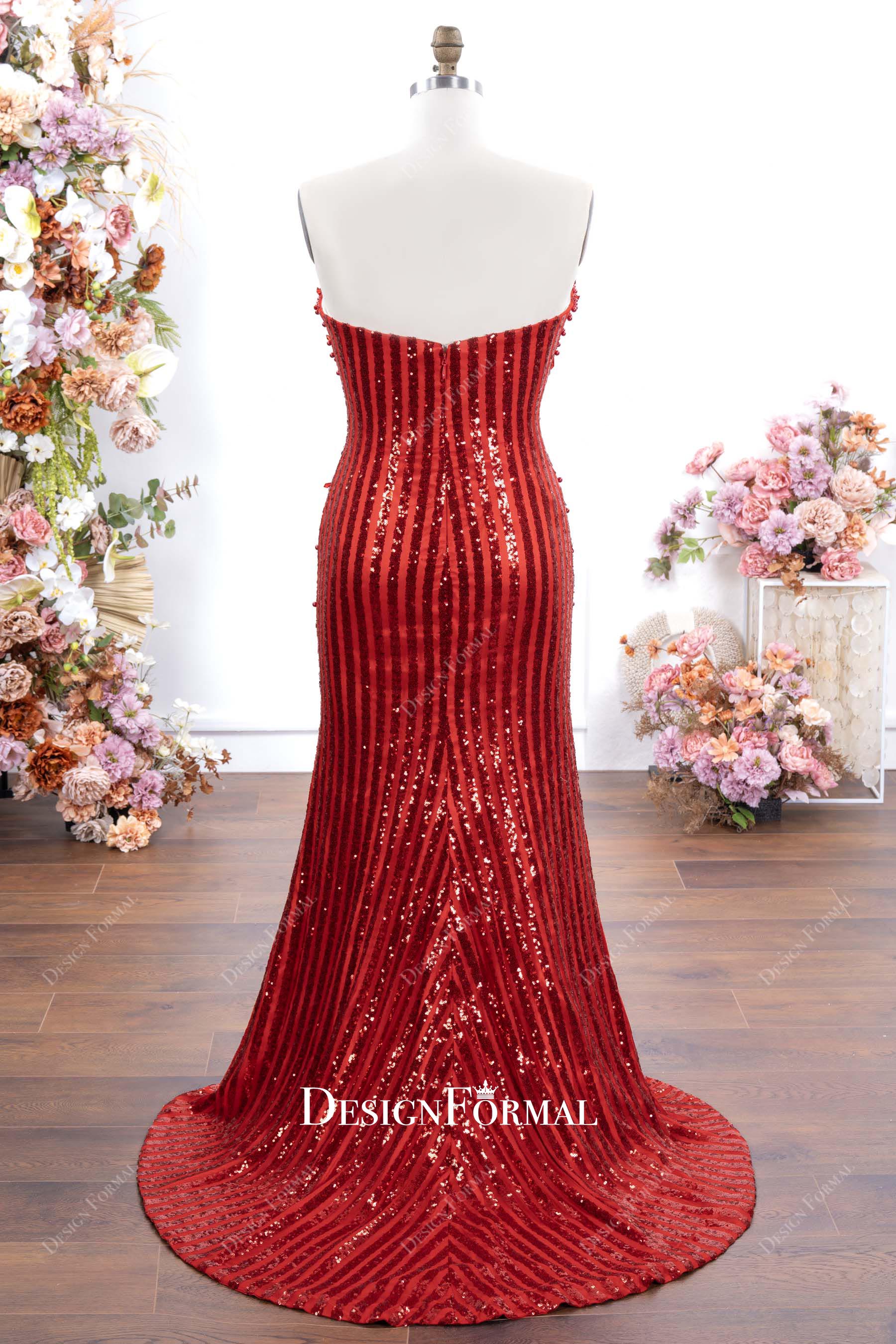 red sequin court train prom dress