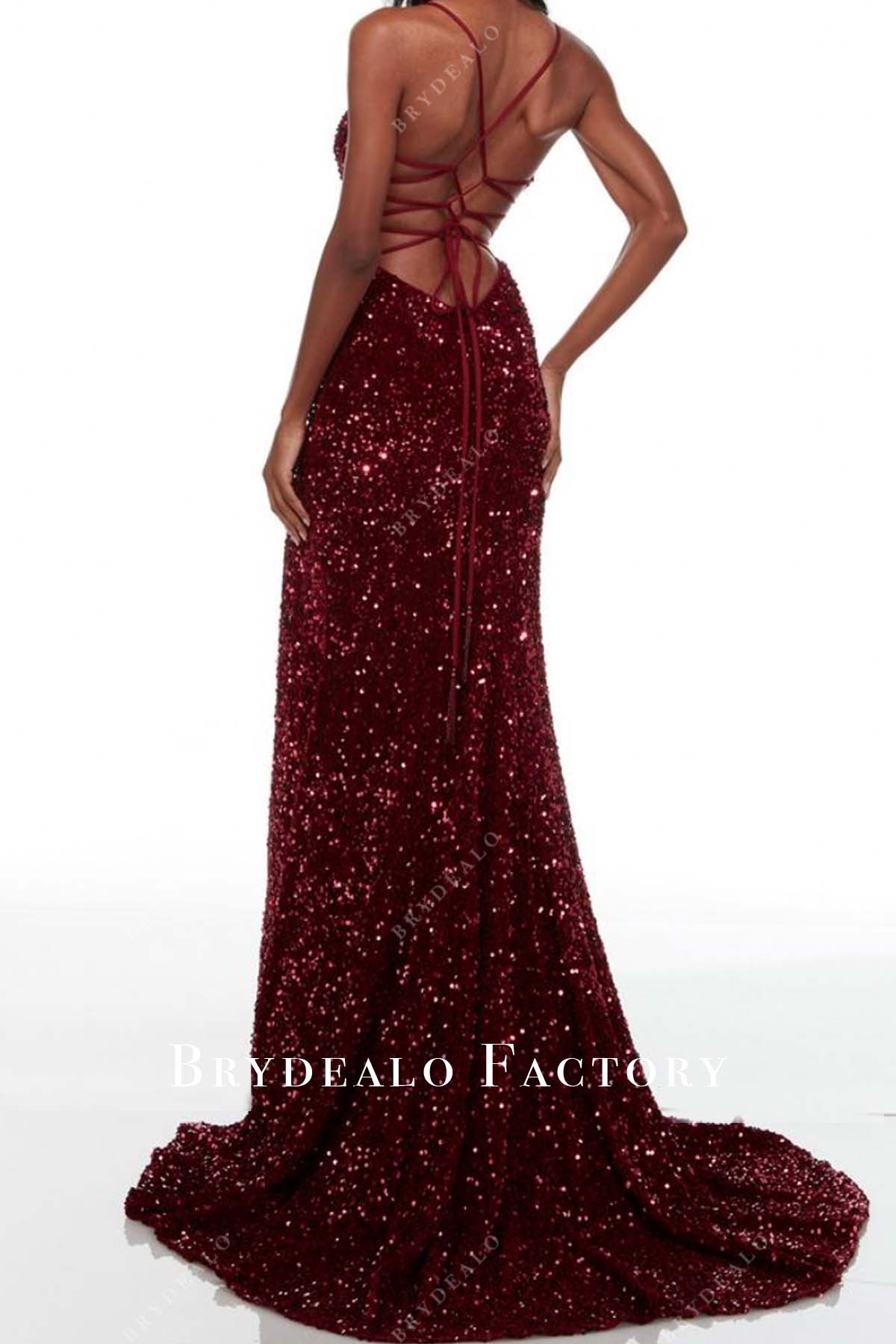 strappy back red sequin small train formal gown
